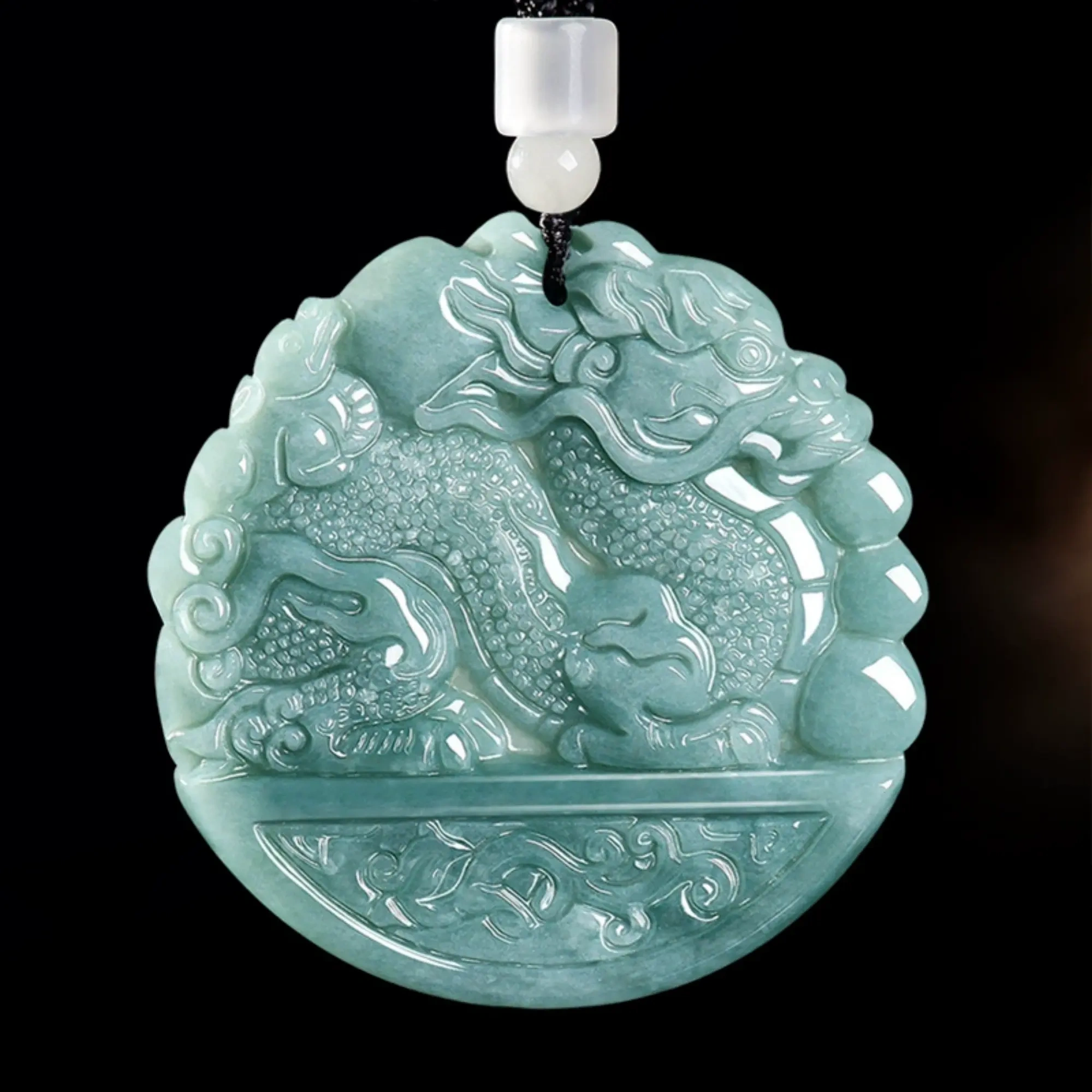 DDP 53.5mm Natural Certificated Type A Untreated Blue Watery Guatemalan Jadeite Round Pendant With Dragon Carved