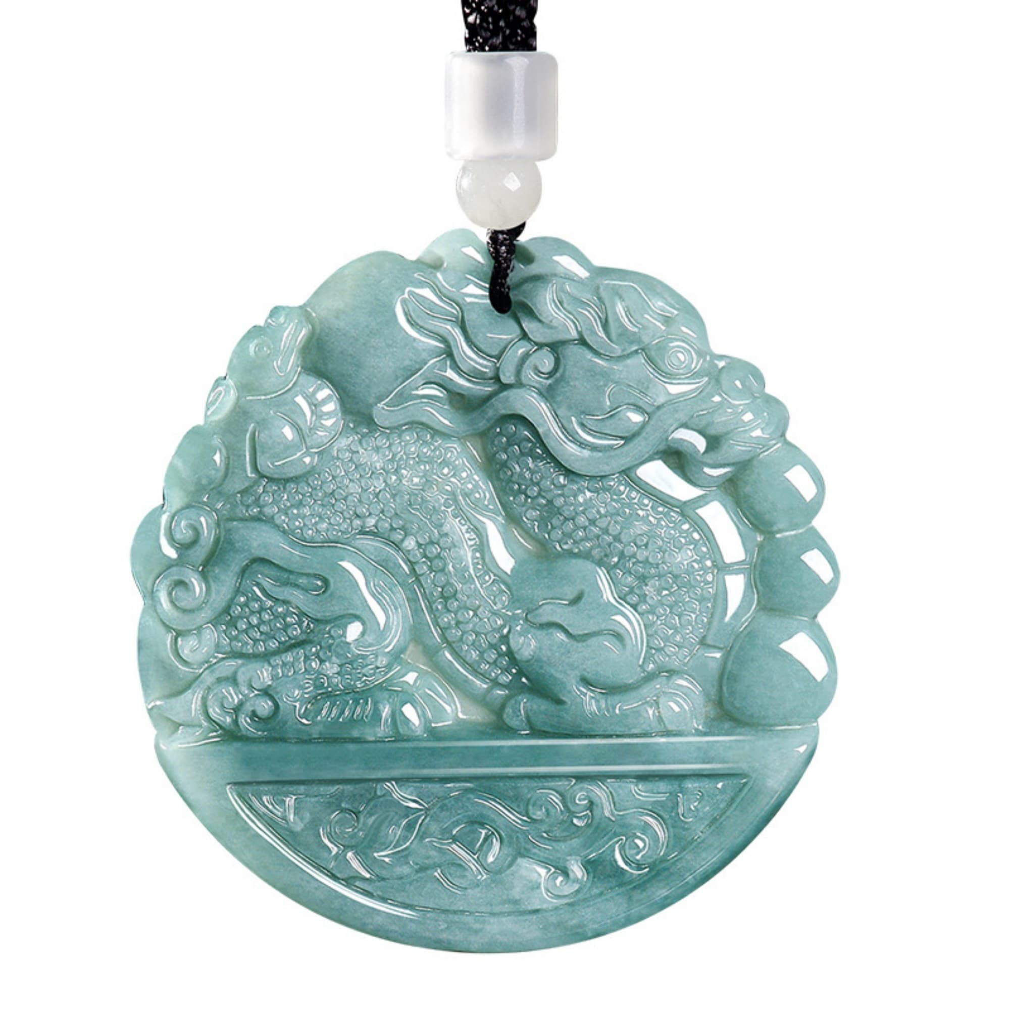 DDP 53.5mm Natural Certificated Type A Untreated Blue Watery Guatemalan Jadeite Round Pendant With Dragon Carved