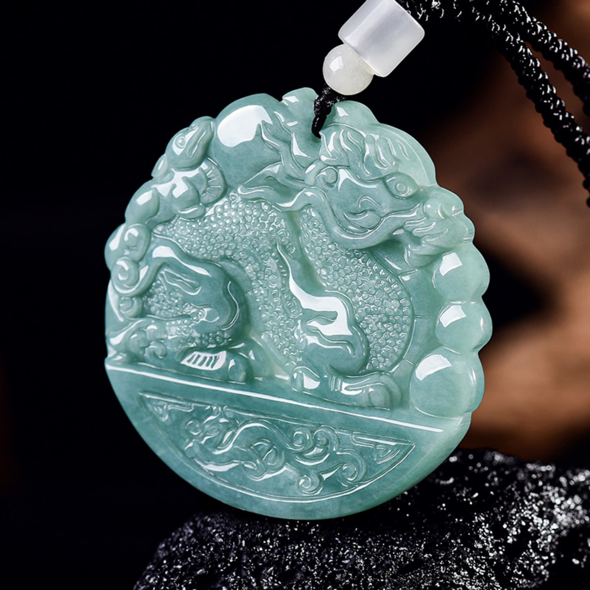 DDP 53.5mm Natural Certificated Type A Untreated Blue Watery Guatemalan Jadeite Round Pendant With Dragon Carved