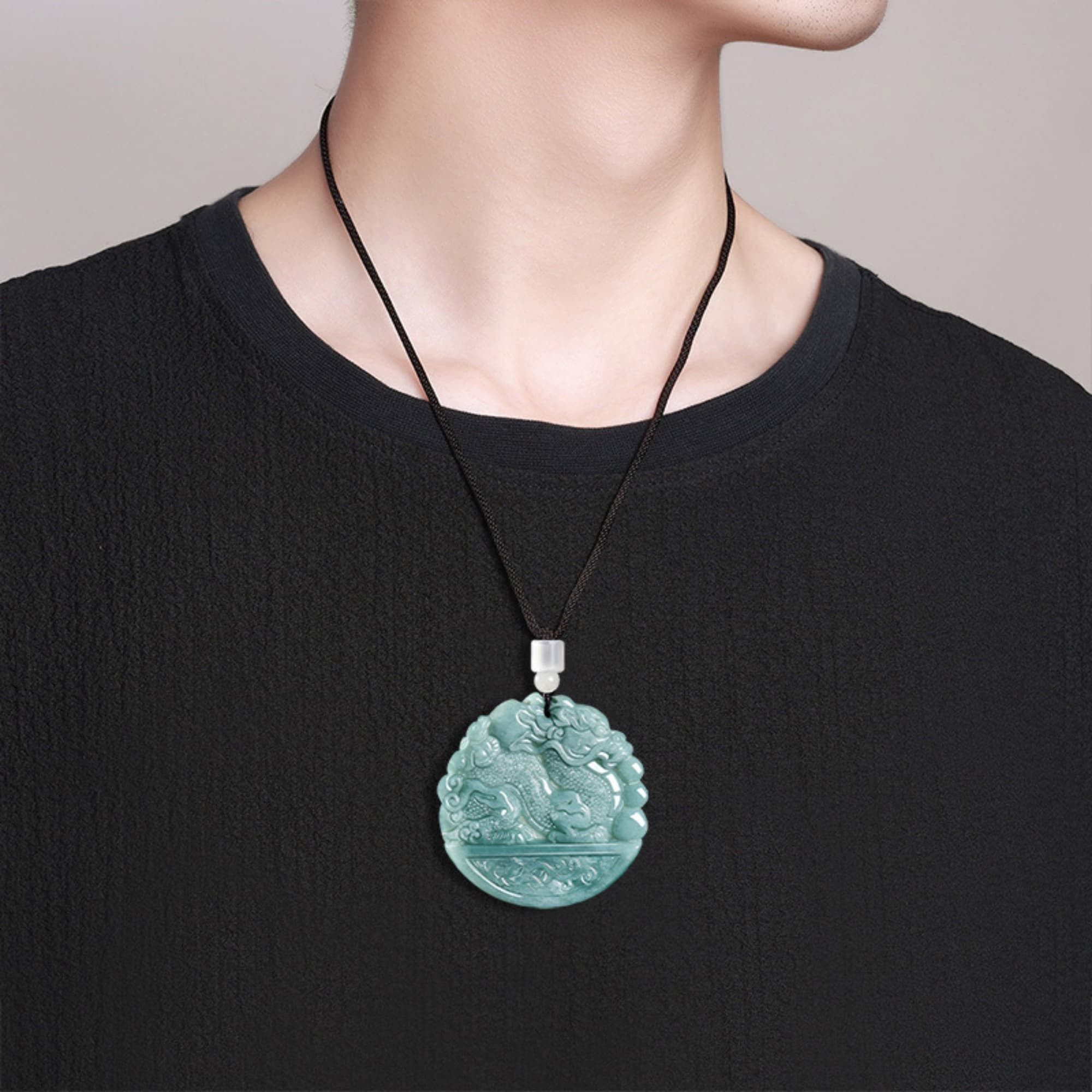 DDP 53.5mm Natural Certificated Type A Untreated Blue Watery Guatemalan Jadeite Round Pendant With Dragon Carved