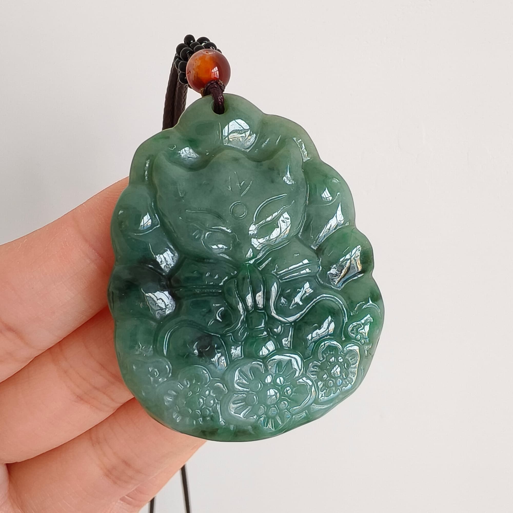 DDP 47mm Natural Type A Untreated Green Burmese Jadeite Nine Tailed Fox Amulet Pendant