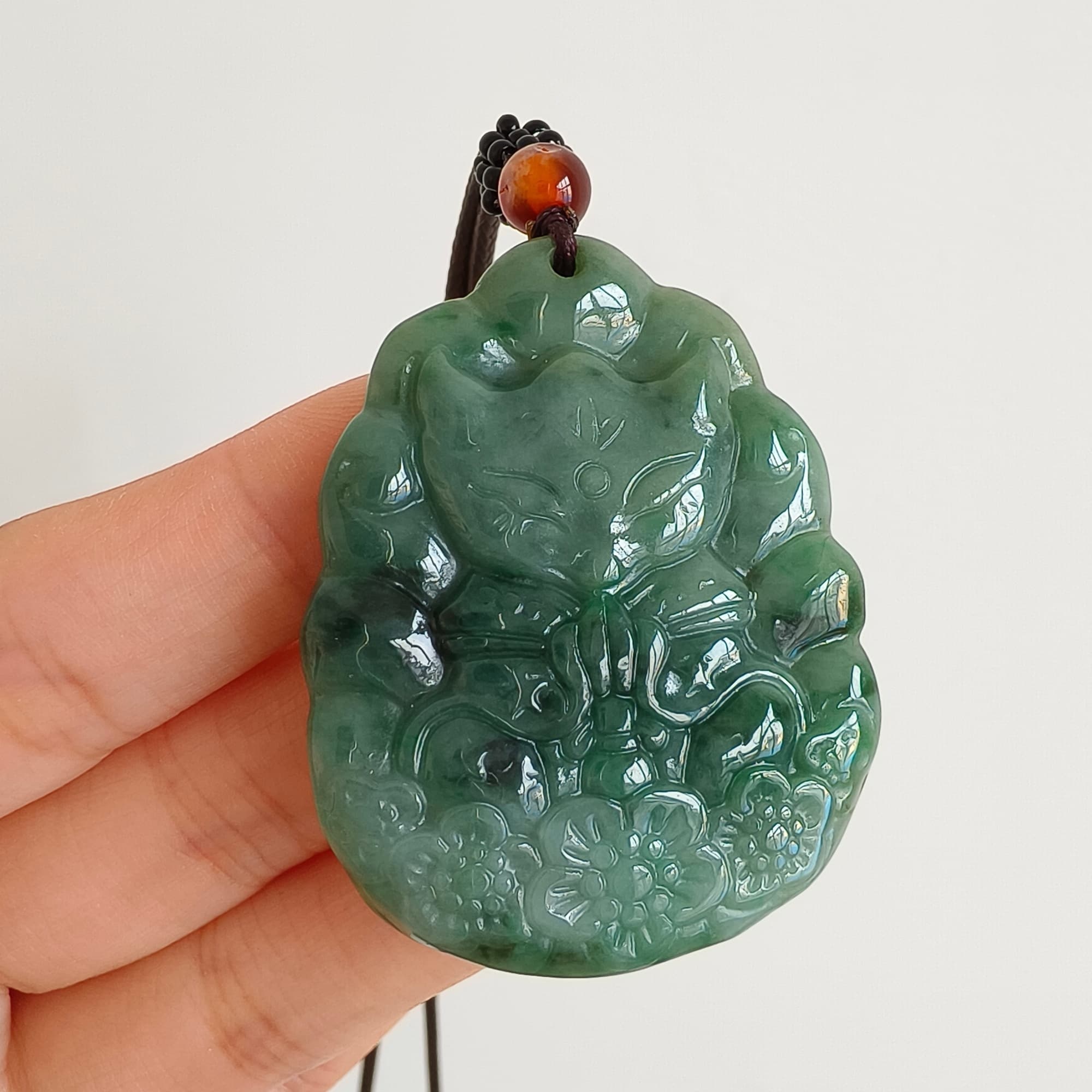 DDP 47mm Natural Type A Untreated Green Burmese Jadeite Nine Tailed Fox Amulet Pendant