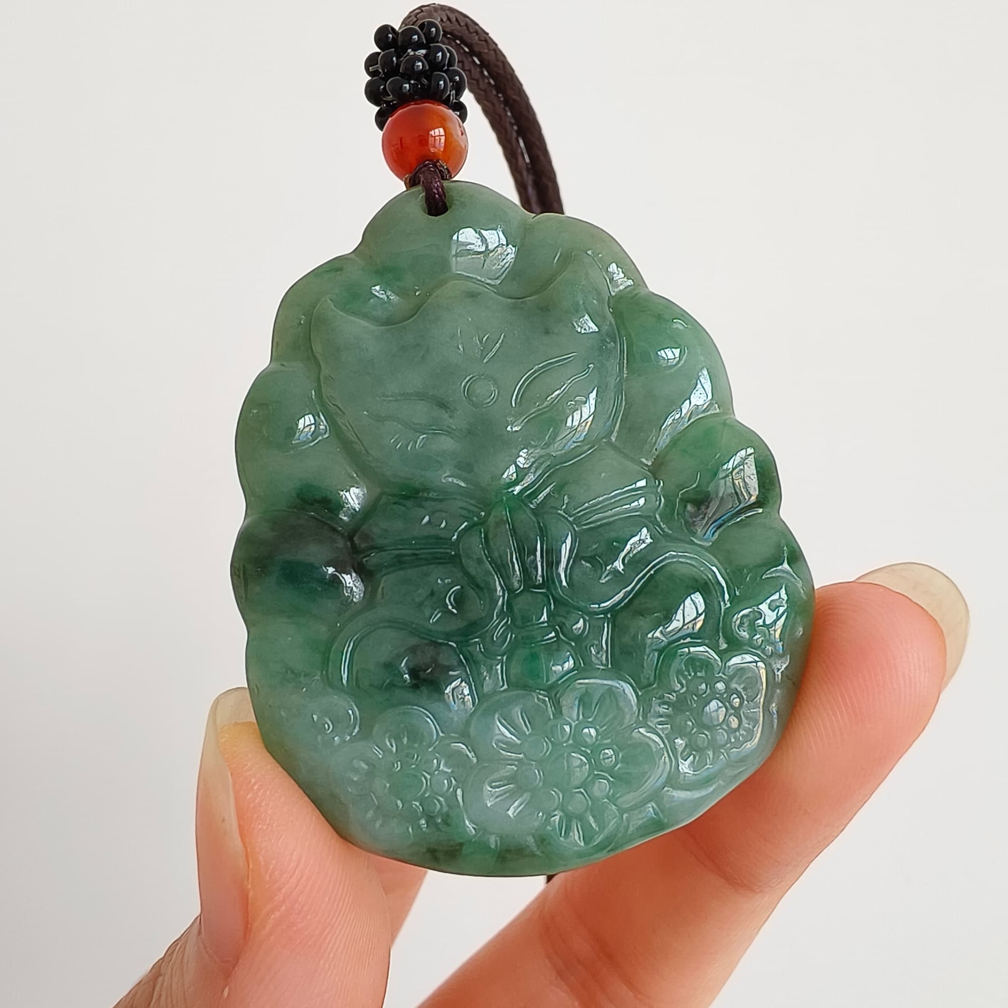 DDP 47mm Natural Type A Untreated Green Burmese Jadeite Nine Tailed Fox Amulet Pendant