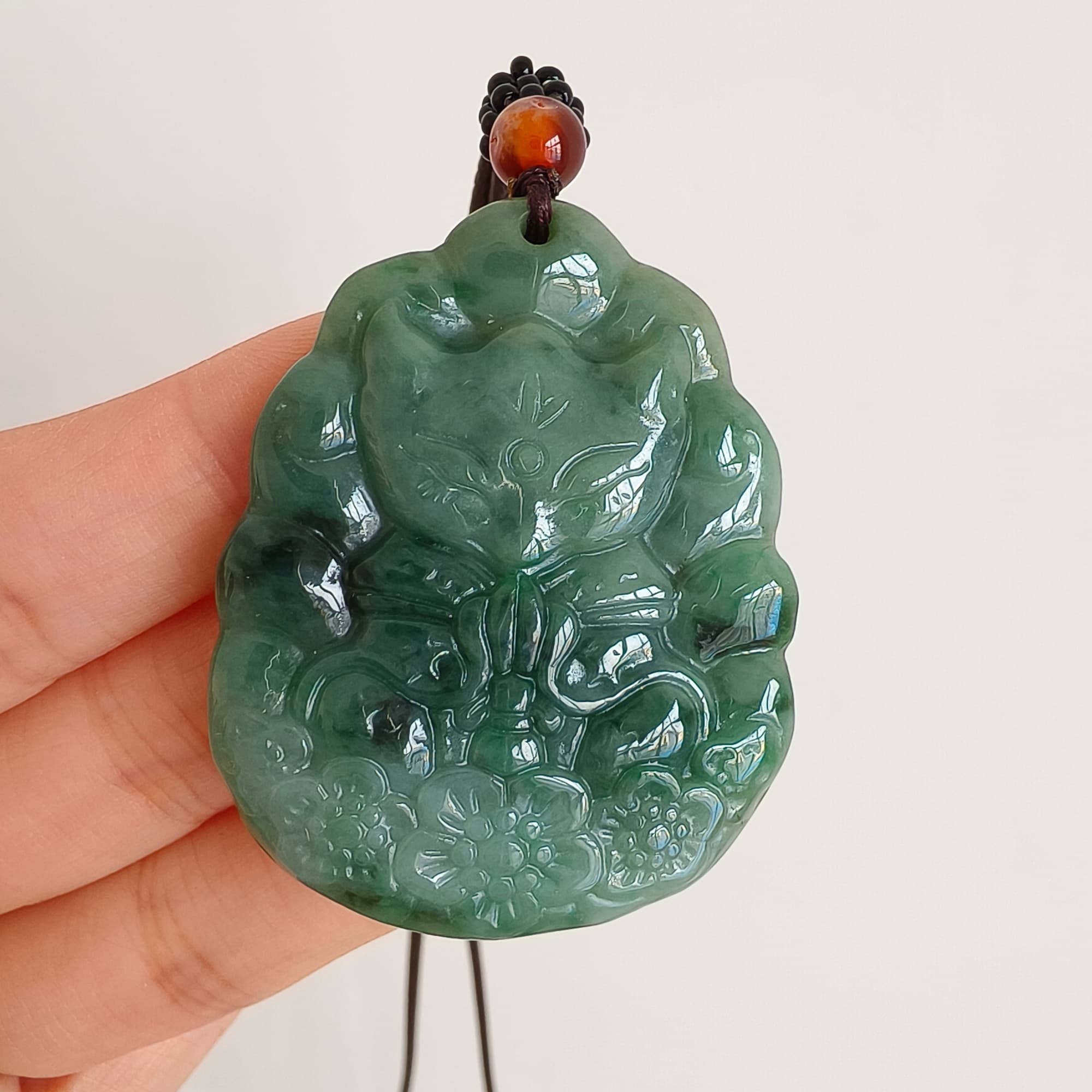 DDP 47mm Natural Type A Untreated Green Burmese Jadeite Nine Tailed Fox Amulet Pendant