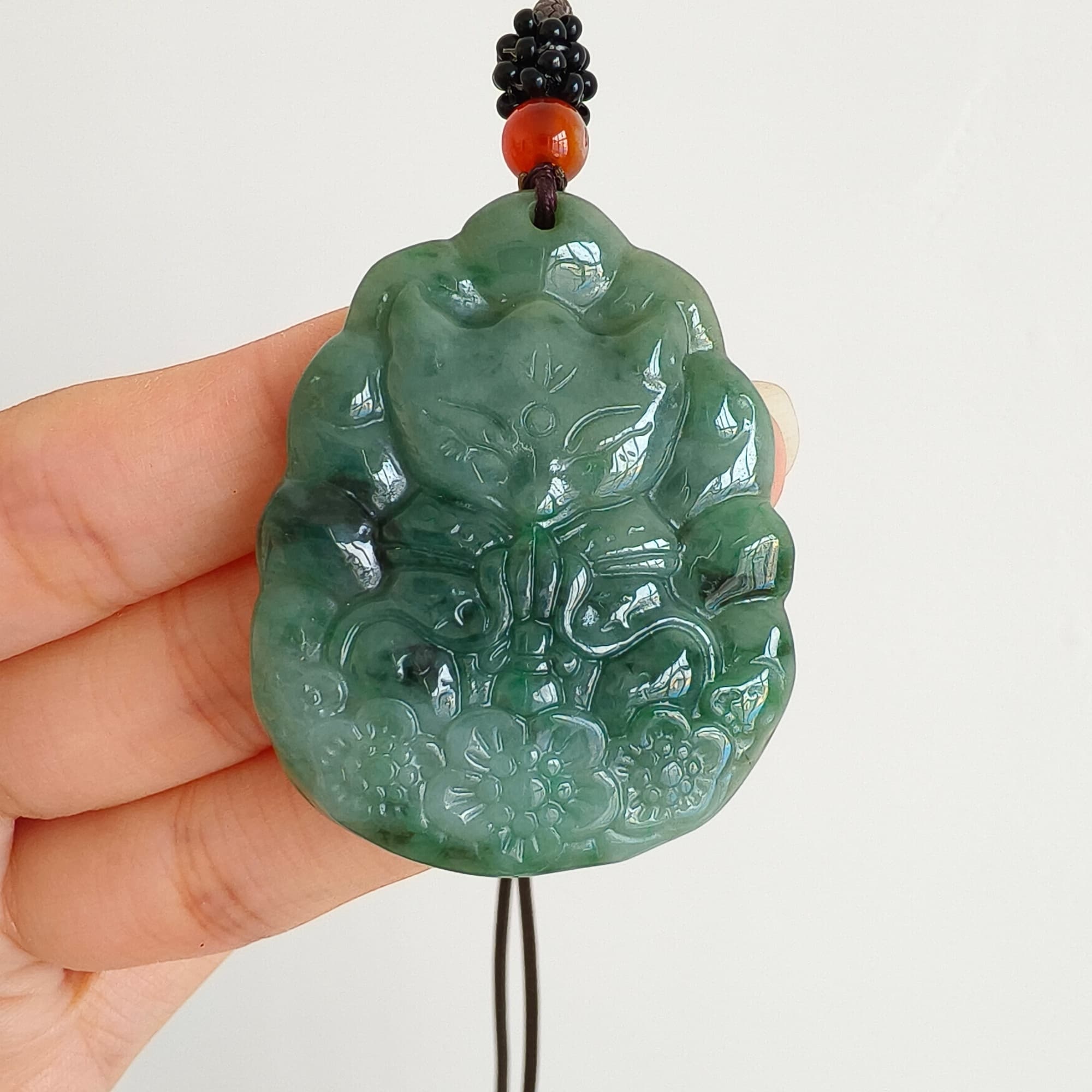 DDP 47mm Natural Type A Untreated Green Burmese Jadeite Nine Tailed Fox Amulet Pendant