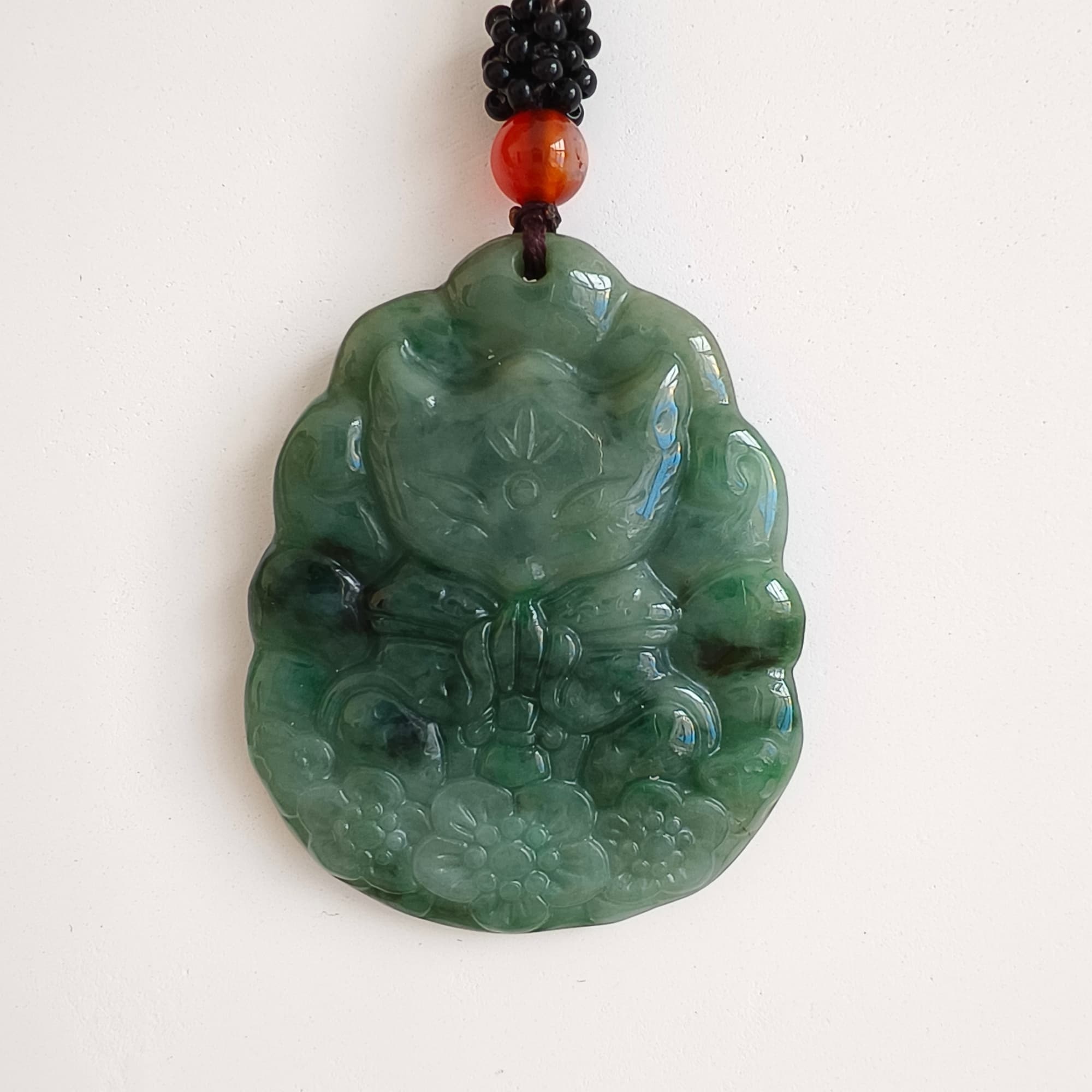 DDP 47mm Natural Type A Untreated Green Burmese Jadeite Nine Tailed Fox Amulet Pendant