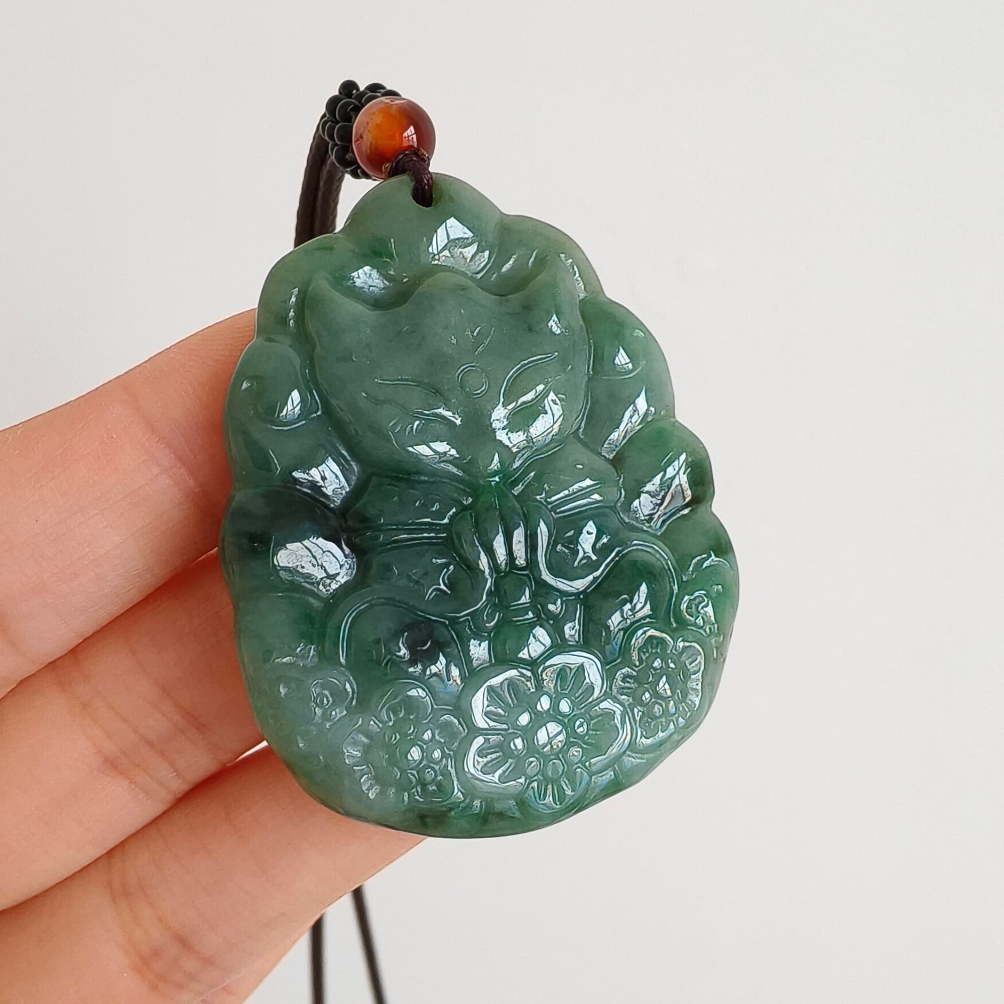 DDP 47mm Natural Type A Untreated Green Burmese Jadeite Nine Tailed Fox Amulet Pendant