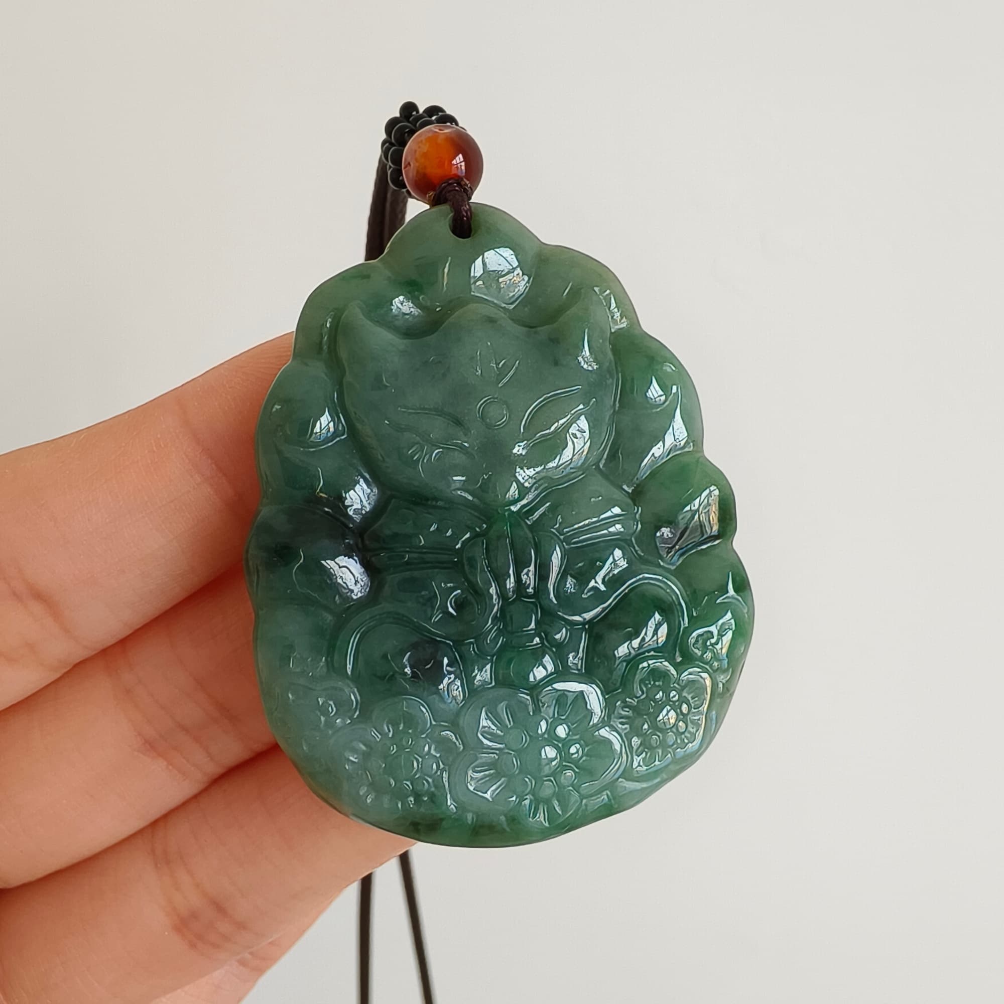 DDP 47mm Natural Type A Untreated Green Burmese Jadeite Nine Tailed Fox Amulet Pendant