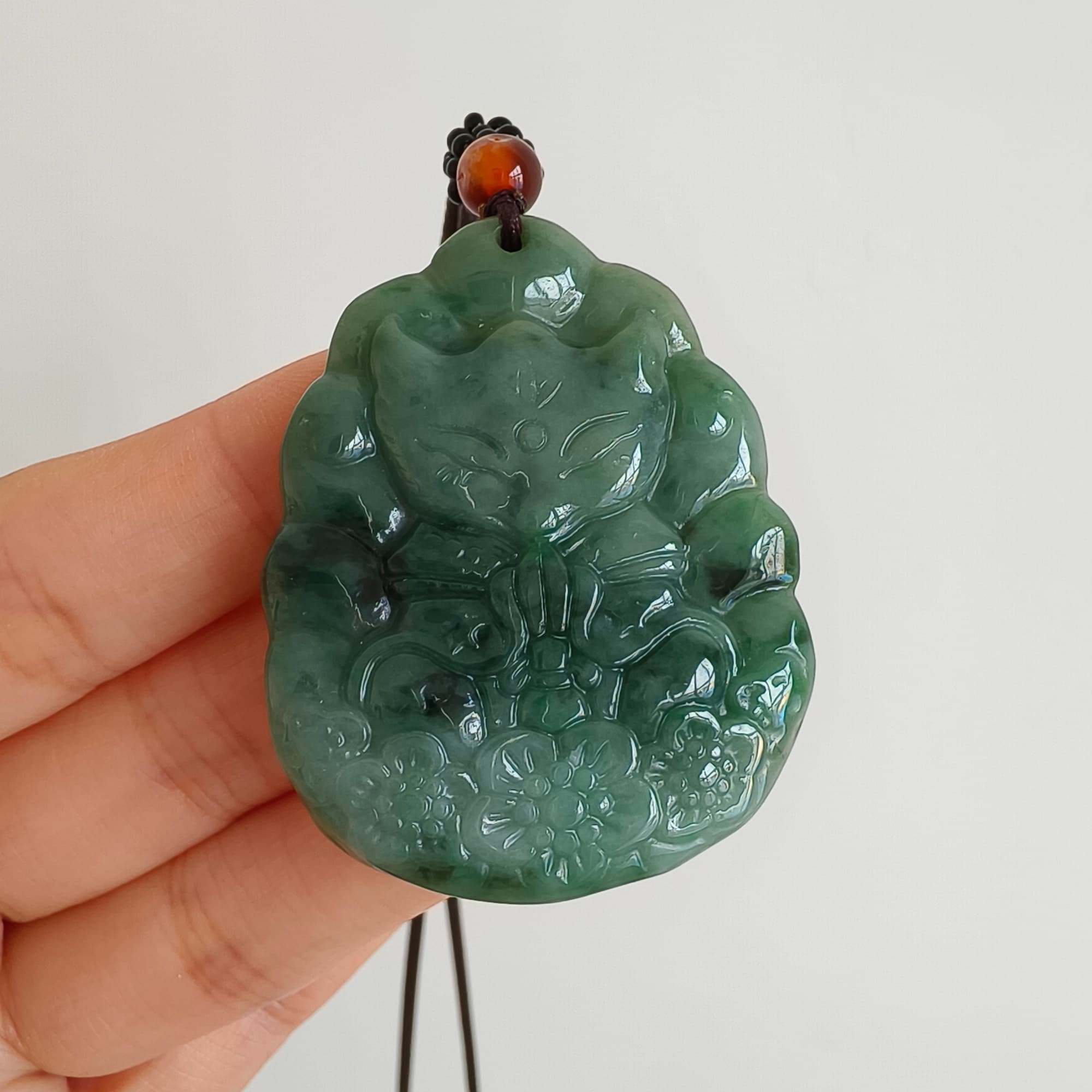 DDP 47mm Natural Type A Untreated Green Burmese Jadeite Nine Tailed Fox Amulet Pendant