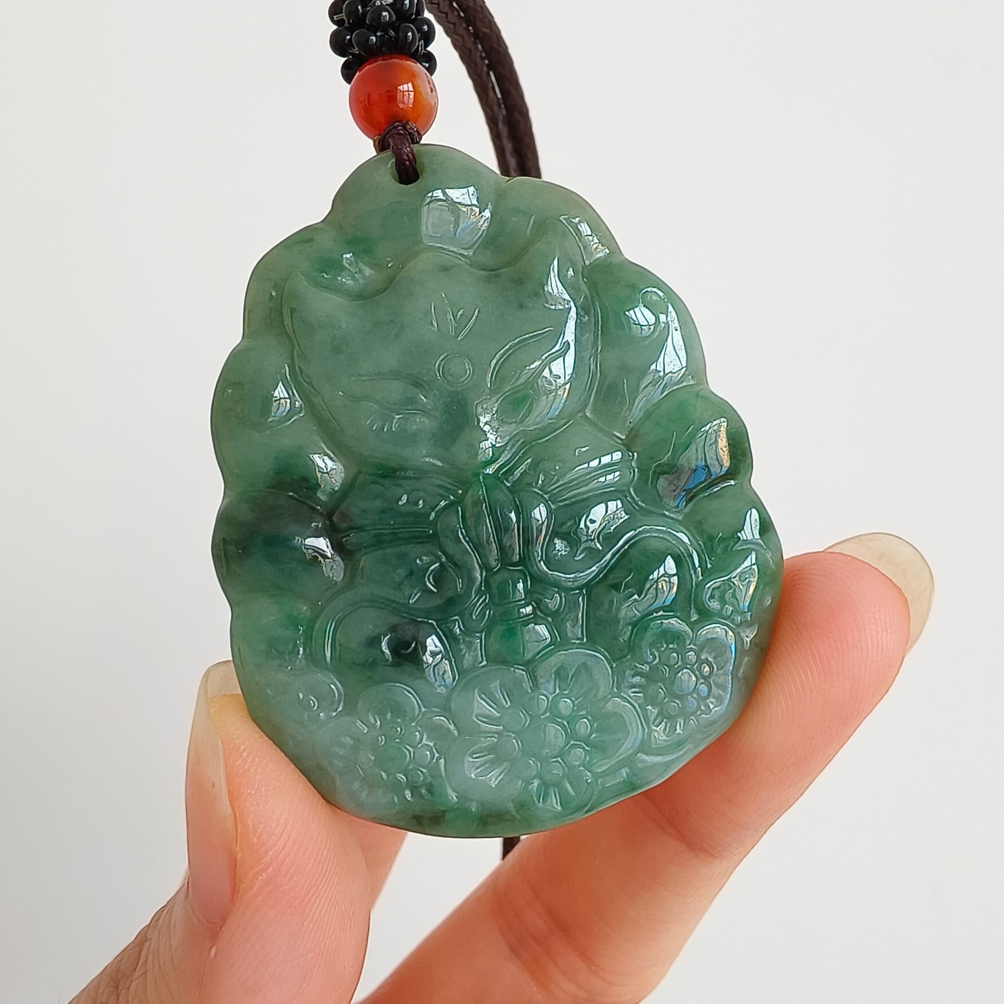 DDP 47mm Natural Type A Untreated Green Burmese Jadeite Nine Tailed Fox Amulet Pendant