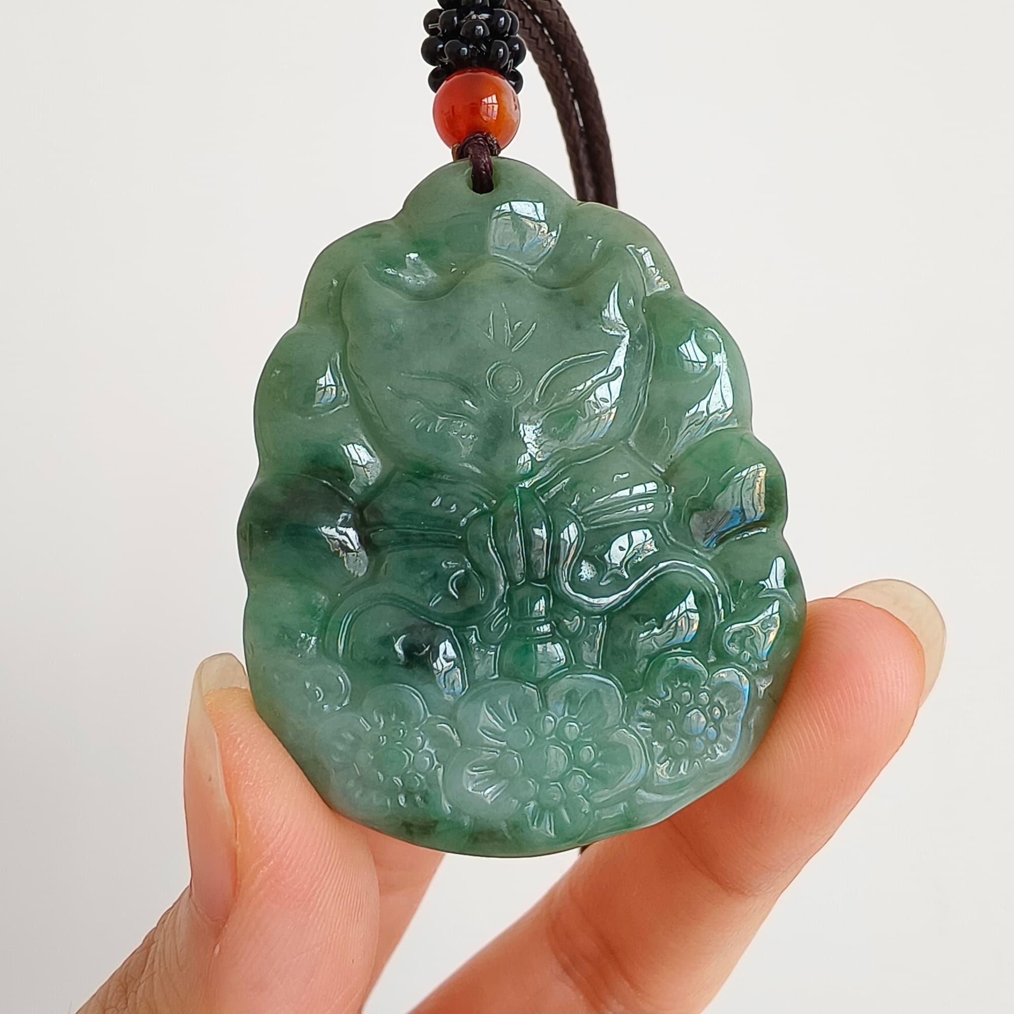 DDP 47mm Natural Type A Untreated Green Burmese Jadeite Nine Tailed Fox Amulet Pendant