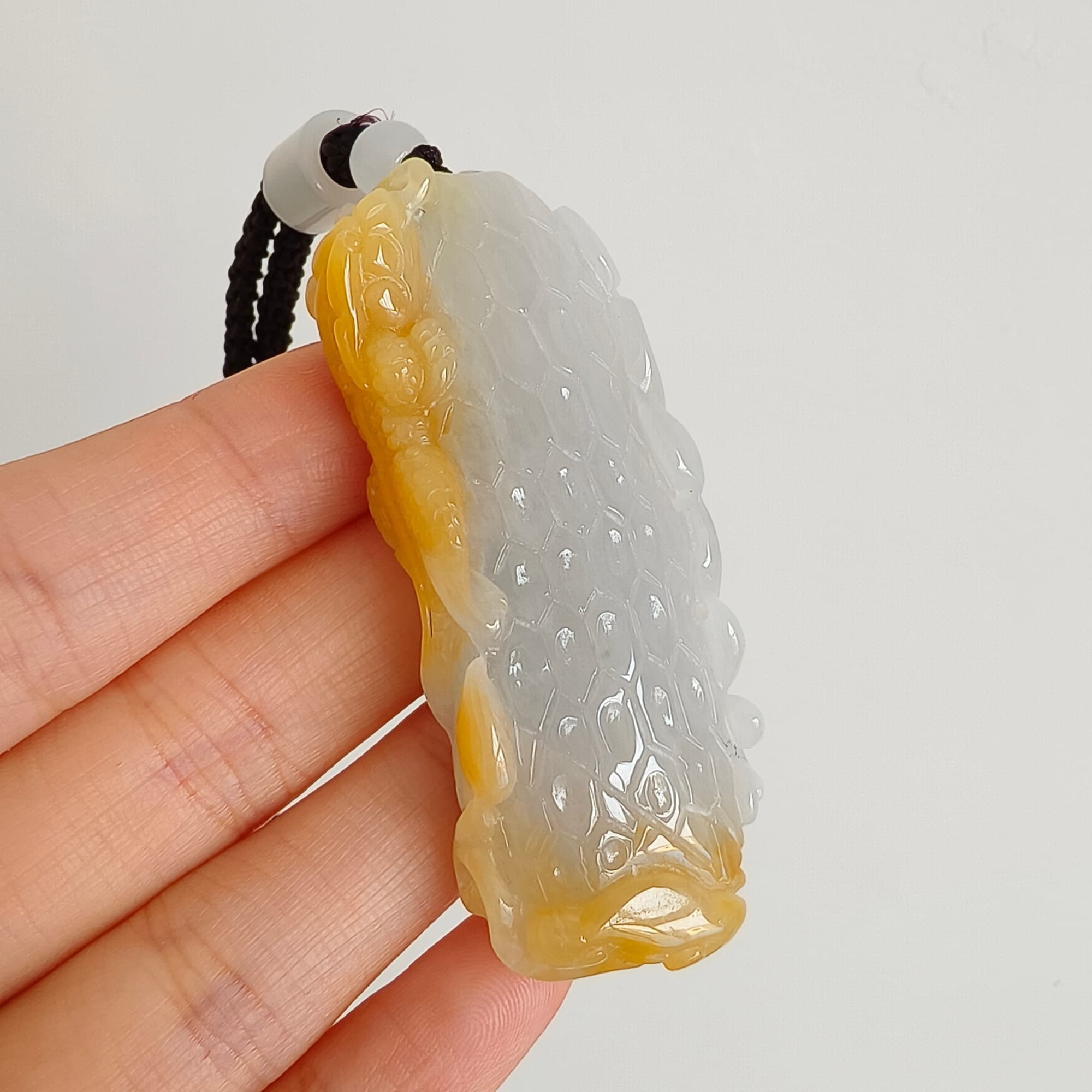 DDP 58mm Natural Certificated Icy Yellow White Burmese Jadeite Dragon Headed Fish Pendant