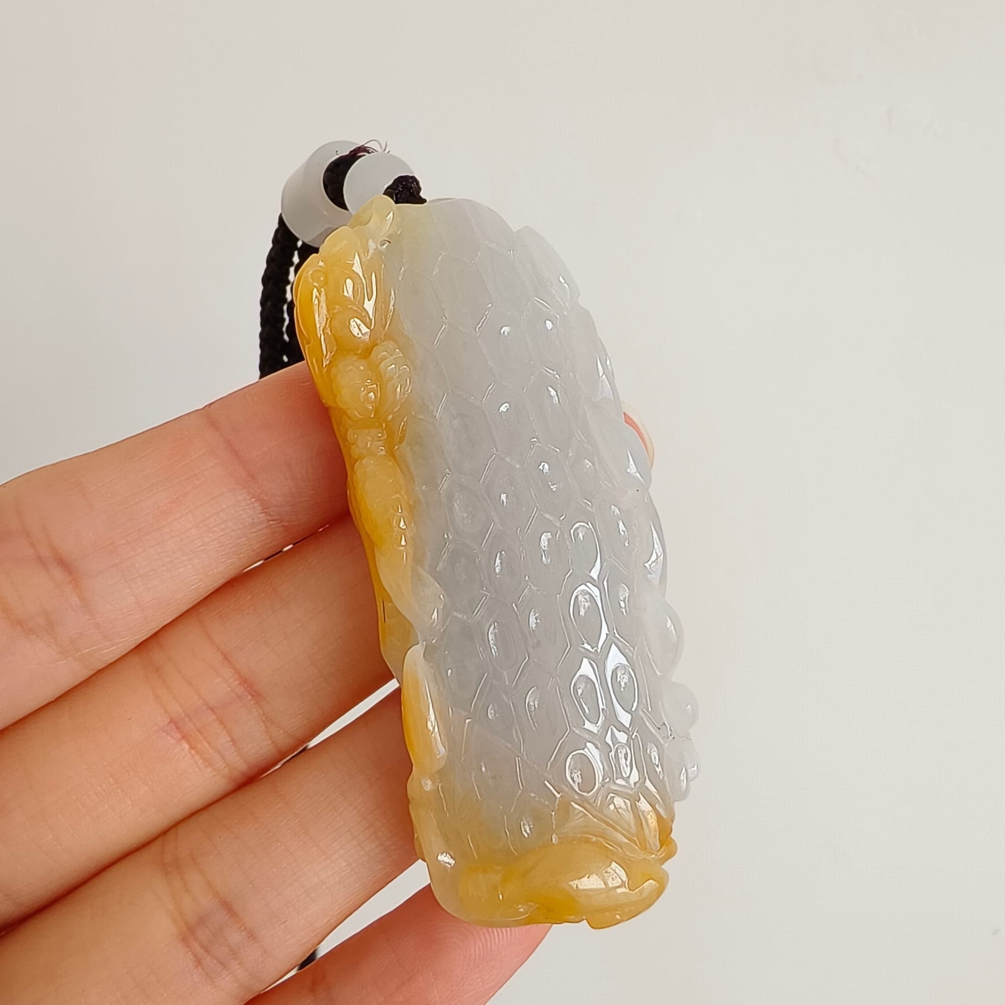 DDP 58mm Natural Certificated Icy Yellow White Burmese Jadeite Dragon Headed Fish Pendant