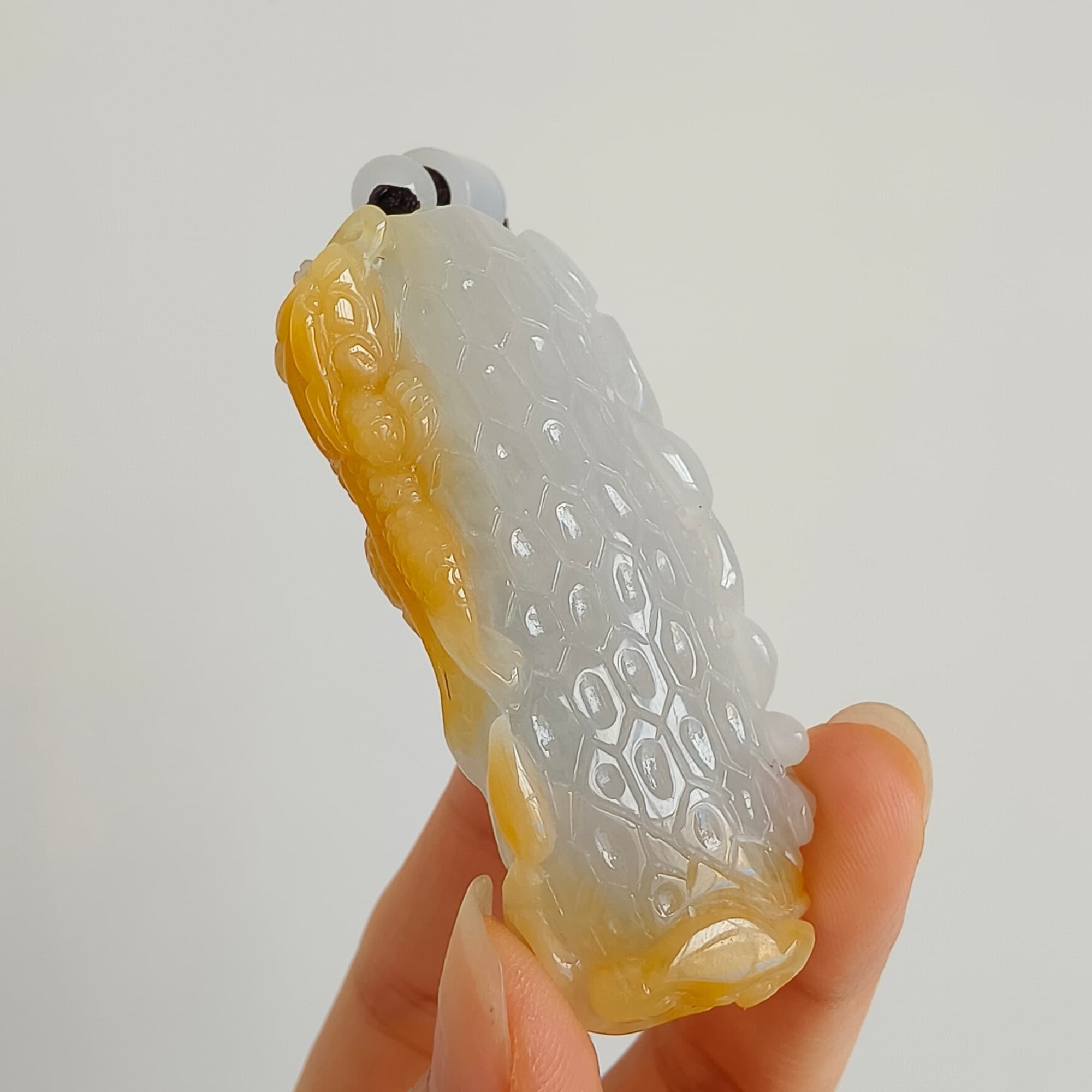 DDP 58mm Natural Certificated Icy Yellow White Burmese Jadeite Dragon Headed Fish Pendant