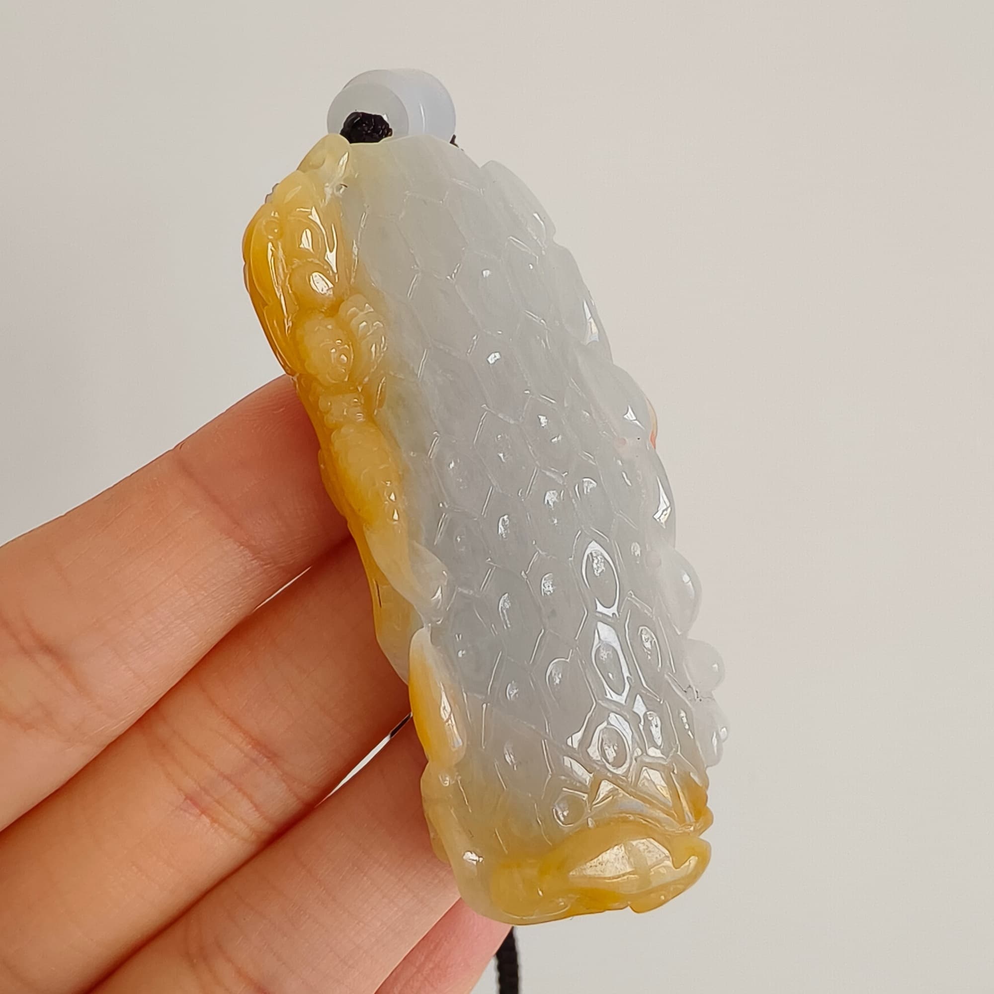 DDP 58mm Natural Certificated Icy Yellow White Burmese Jadeite Dragon Headed Fish Pendant