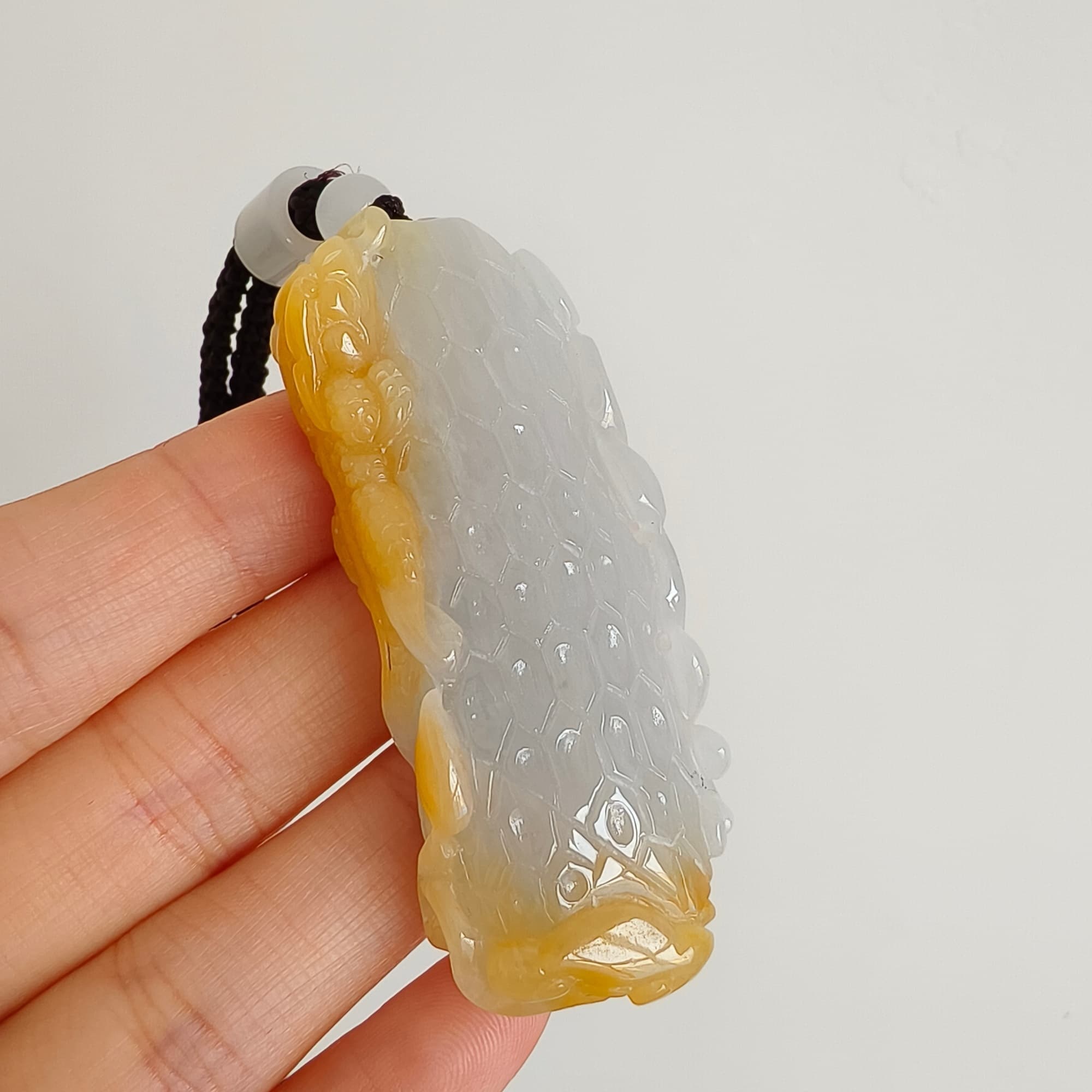 DDP 58mm Natural Certificated Icy Yellow White Burmese Jadeite Dragon Headed Fish Pendant