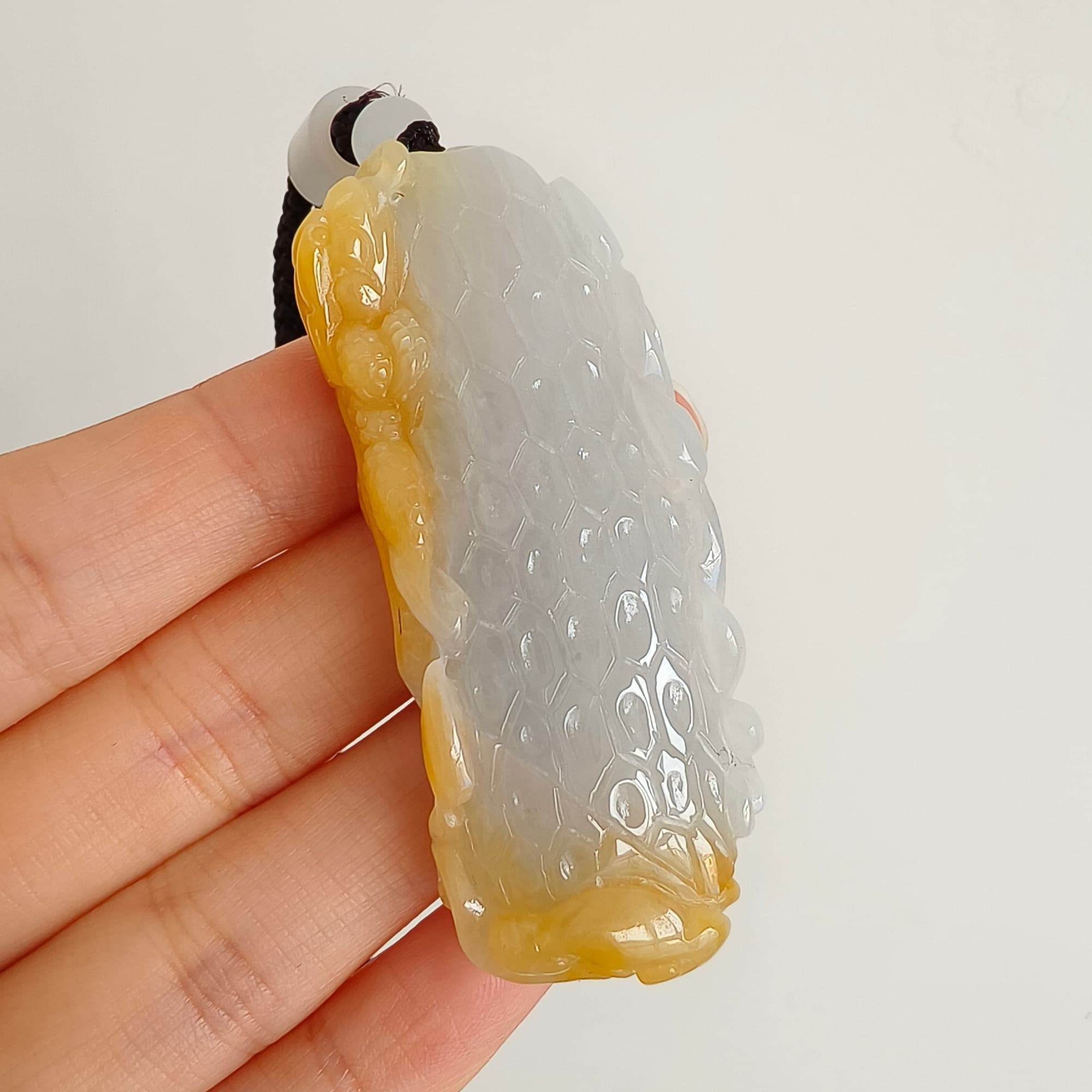 DDP 58mm Natural Certificated Icy Yellow White Burmese Jadeite Dragon Headed Fish Pendant