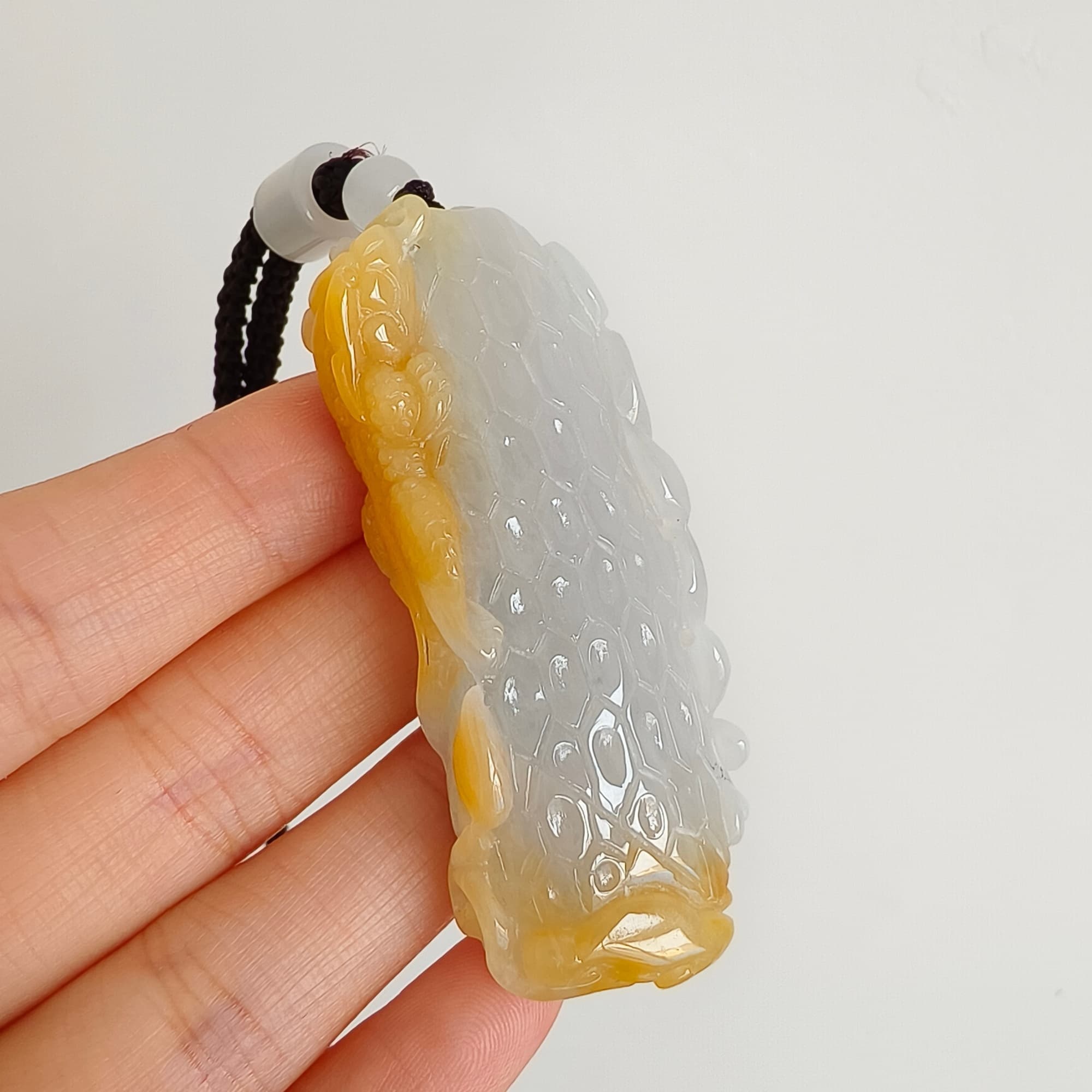DDP 58mm Natural Certificated Icy Yellow White Burmese Jadeite Dragon Headed Fish Pendant