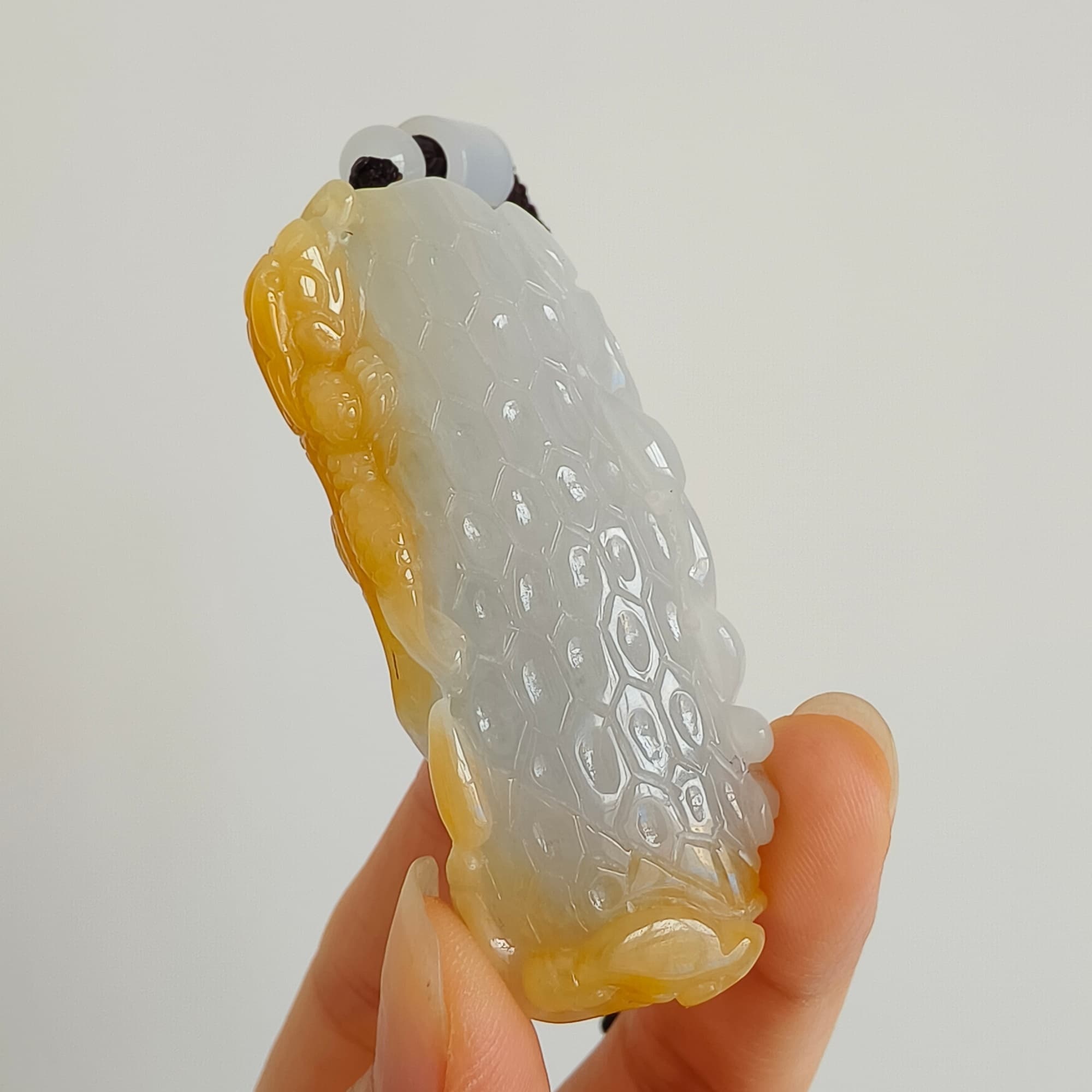 DDP 58mm Natural Certificated Icy Yellow White Burmese Jadeite Dragon Headed Fish Pendant
