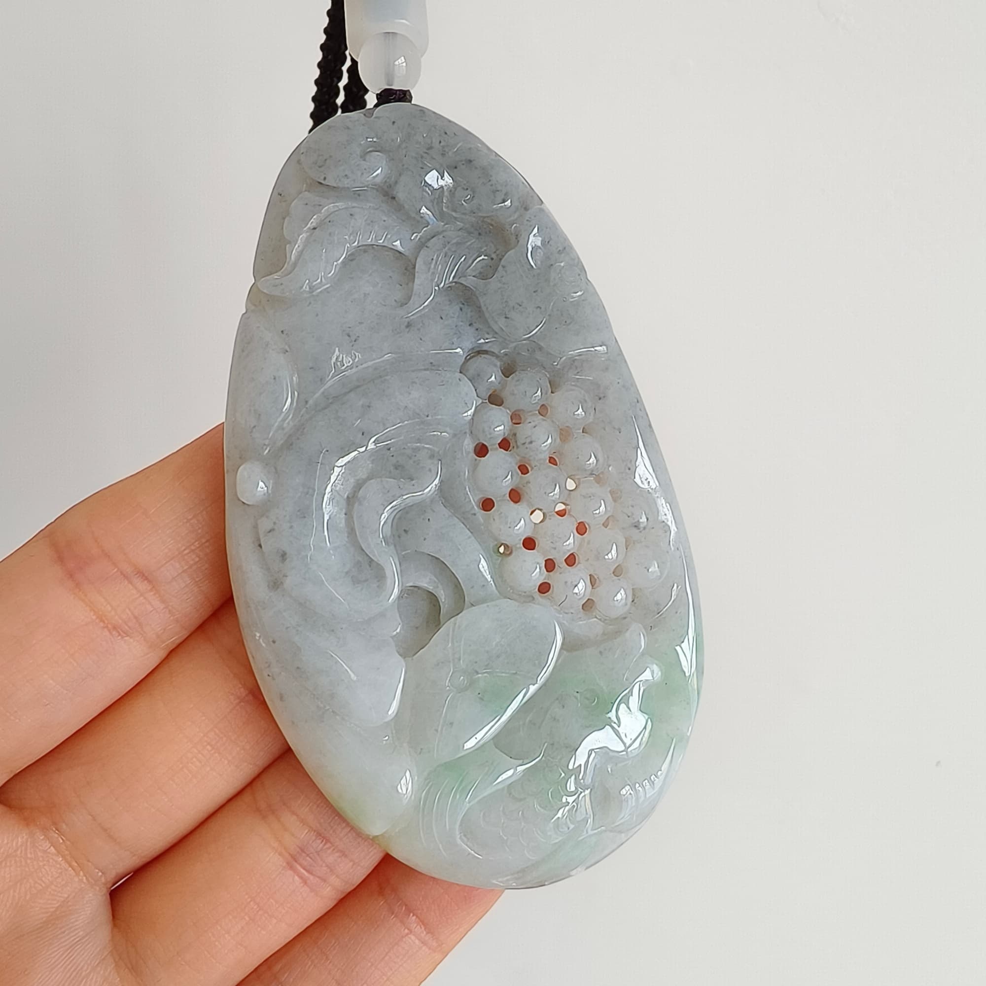 DDP 76mm Natural Certificated Type A Untreated Black Chicken Species Burmese Jadeite Oval Pendant With Grape Fish And Ruyi Carved
