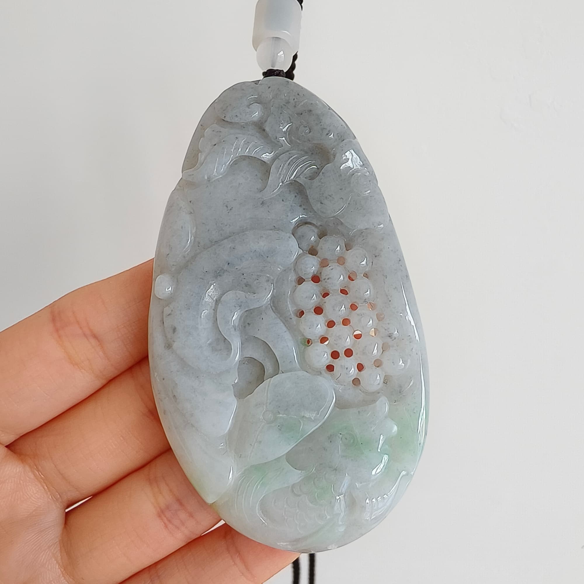 DDP 76mm Natural Certificated Type A Untreated Black Chicken Species Burmese Jadeite Oval Pendant With Grape Fish And Ruyi Carved