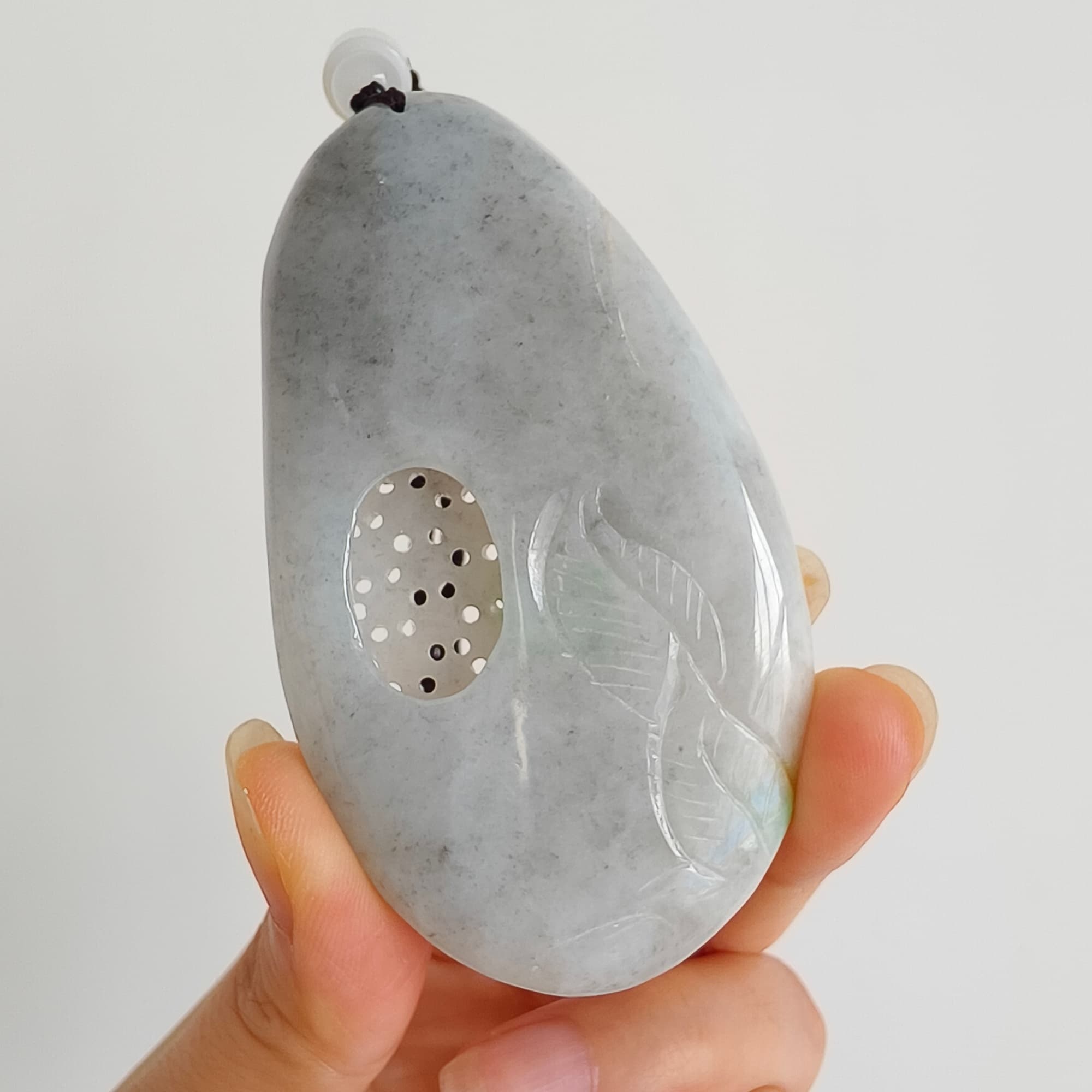 DDP 76mm Natural Certificated Type A Untreated Black Chicken Species Burmese Jadeite Oval Pendant With Grape Fish And Ruyi Carved