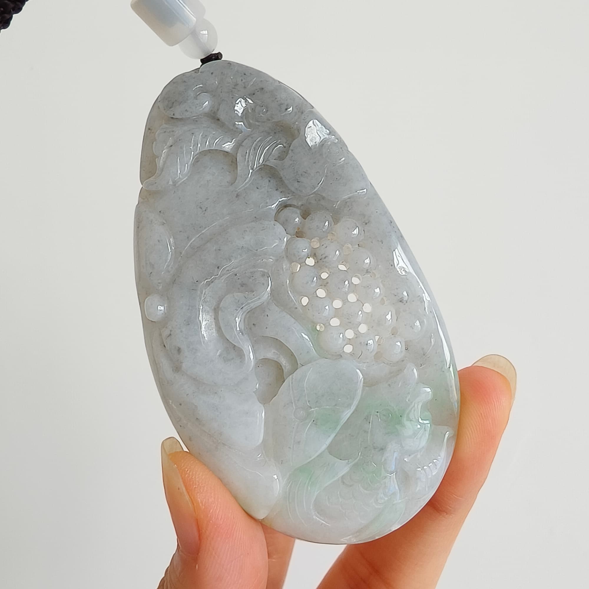 DDP 76mm Natural Certificated Type A Untreated Black Chicken Species Burmese Jadeite Oval Pendant With Grape Fish And Ruyi Carved