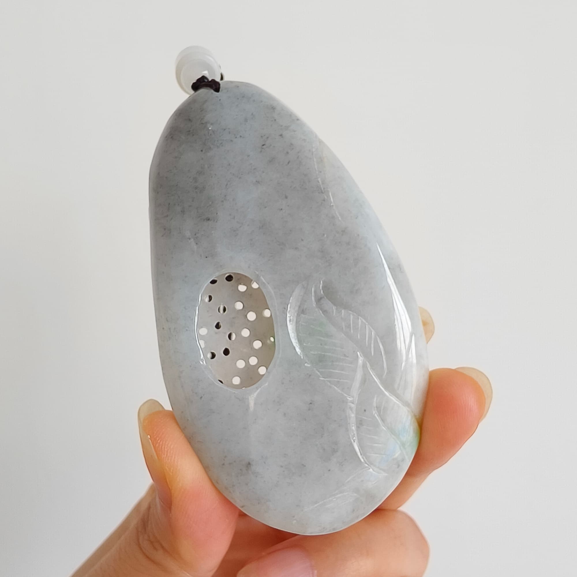 DDP 76mm Natural Certificated Type A Untreated Black Chicken Species Burmese Jadeite Oval Pendant With Grape Fish And Ruyi Carved
