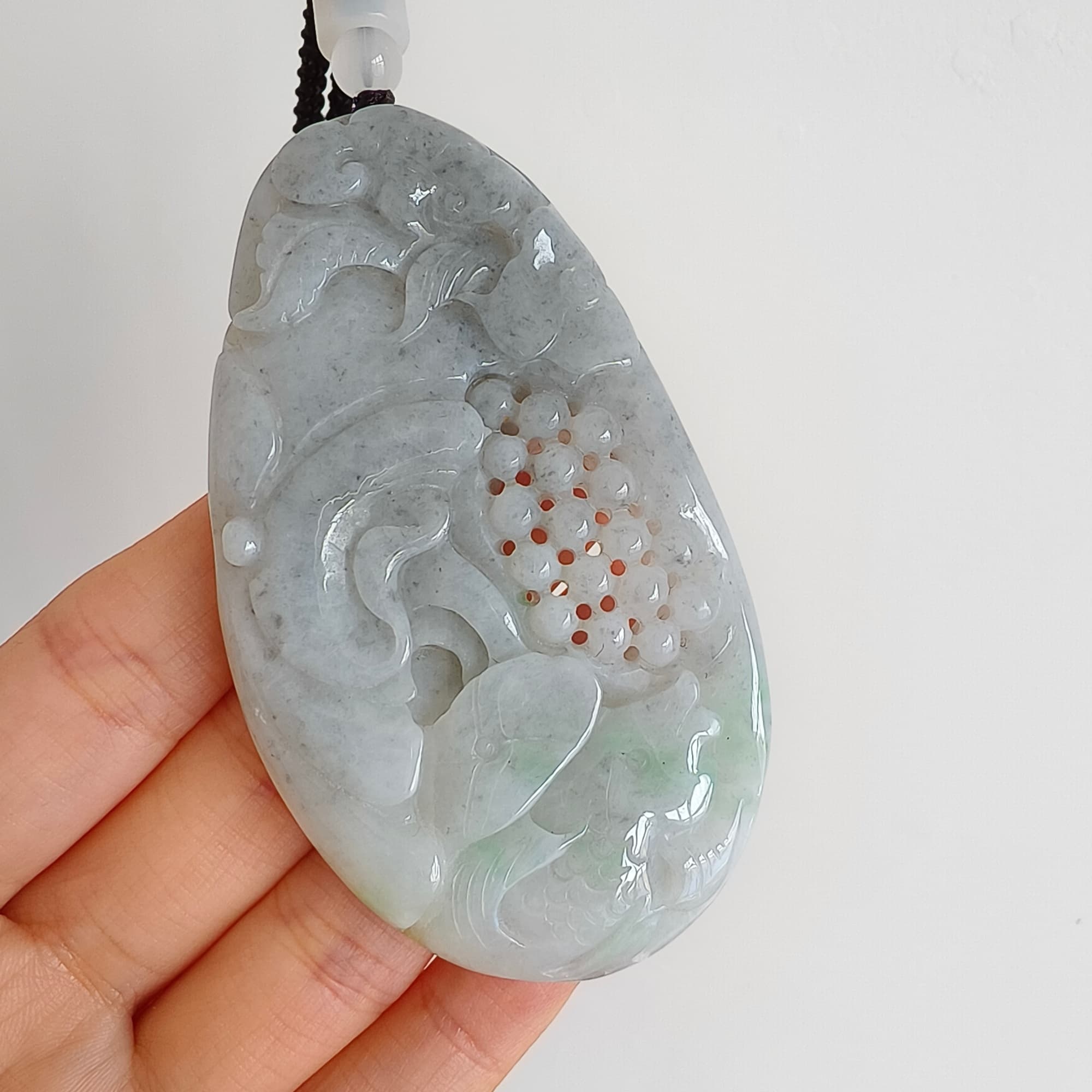 DDP 76mm Natural Certificated Type A Untreated Black Chicken Species Burmese Jadeite Oval Pendant With Grape Fish And Ruyi Carved