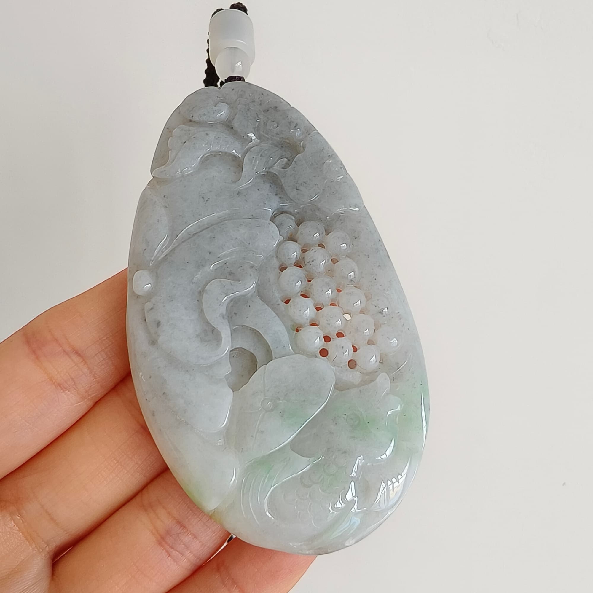 DDP 76mm Natural Certificated Type A Untreated Black Chicken Species Burmese Jadeite Oval Pendant With Grape Fish And Ruyi Carved