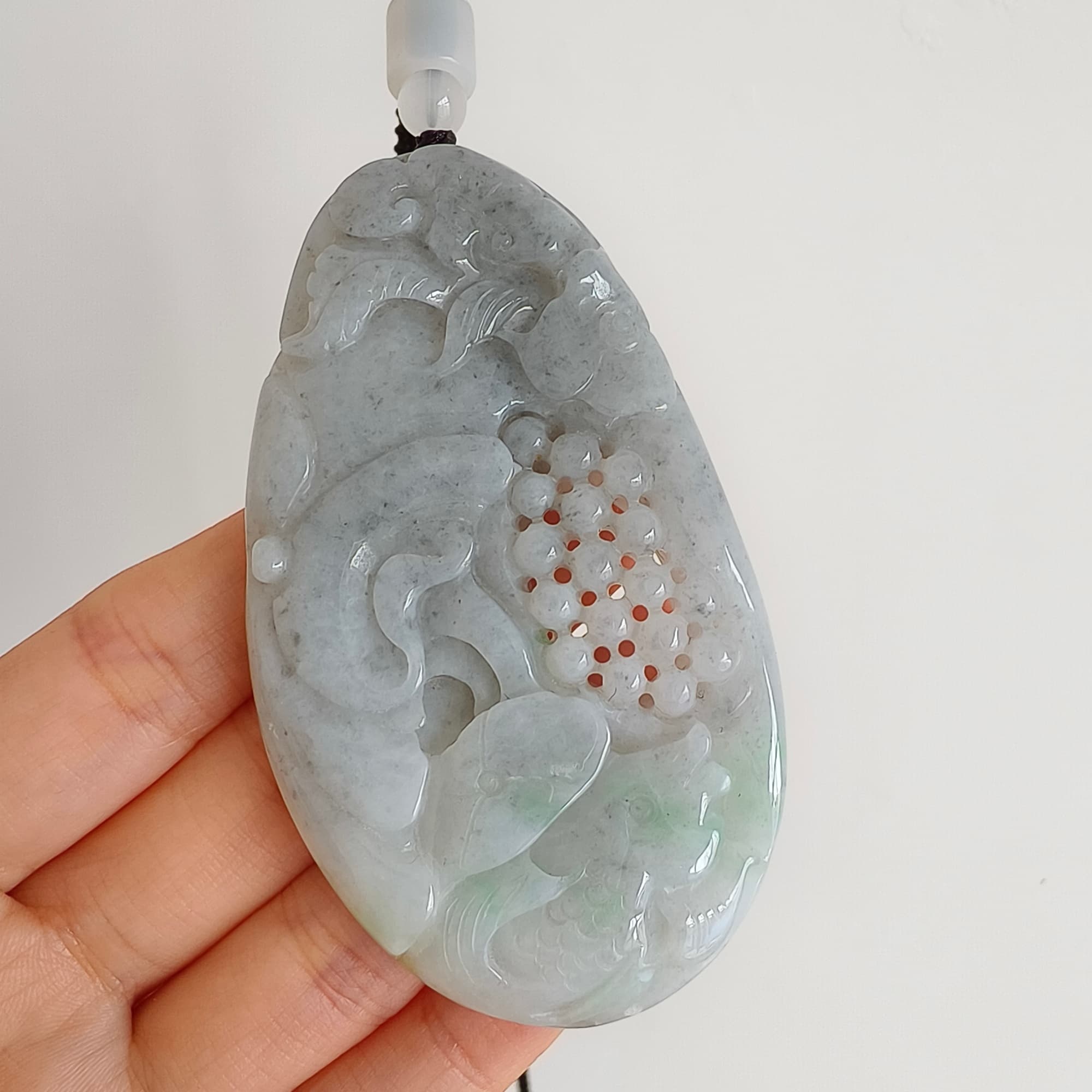 DDP 76mm Natural Certificated Type A Untreated Black Chicken Species Burmese Jadeite Oval Pendant With Grape Fish And Ruyi Carved