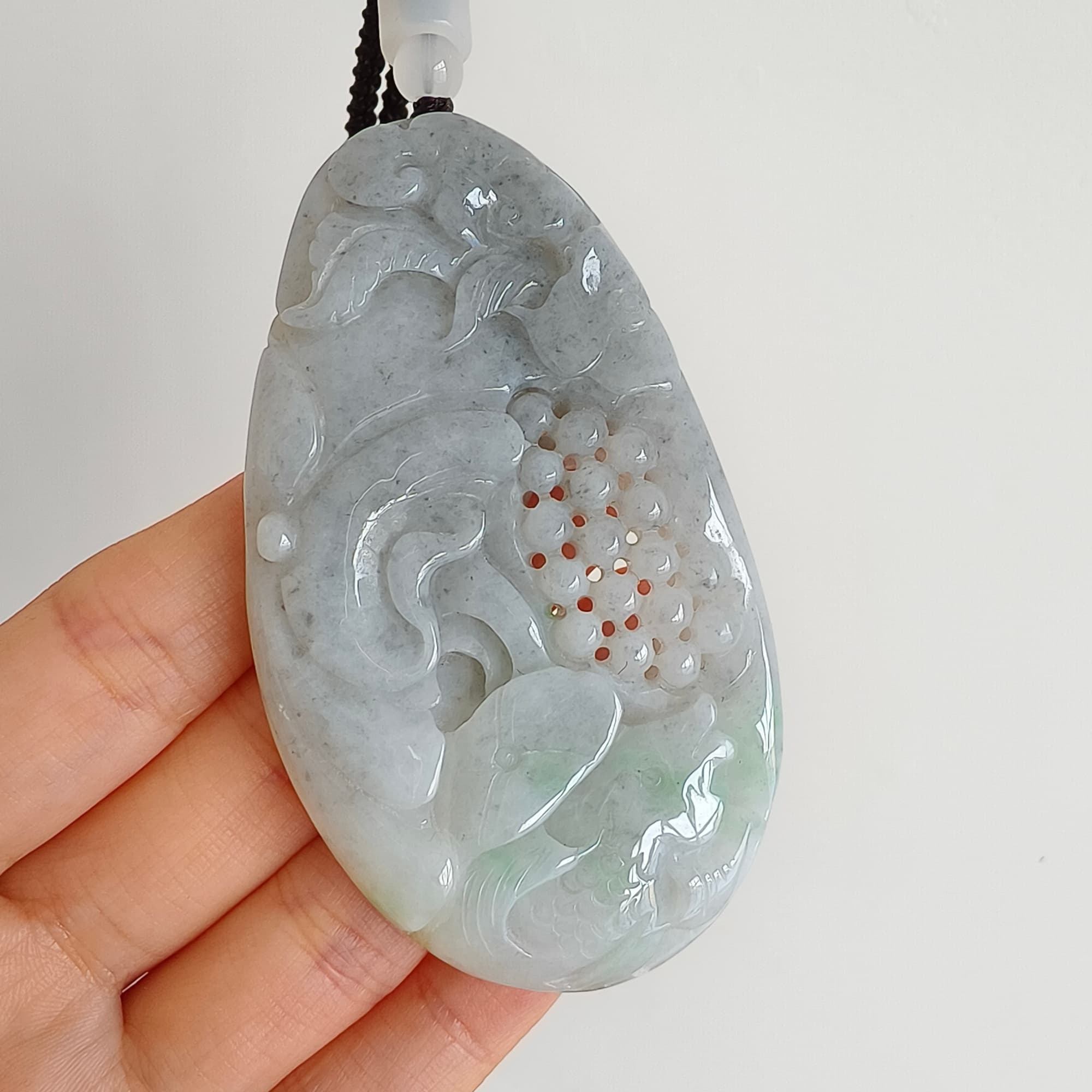 DDP 76mm Natural Certificated Type A Untreated Black Chicken Species Burmese Jadeite Oval Pendant With Grape Fish And Ruyi Carved