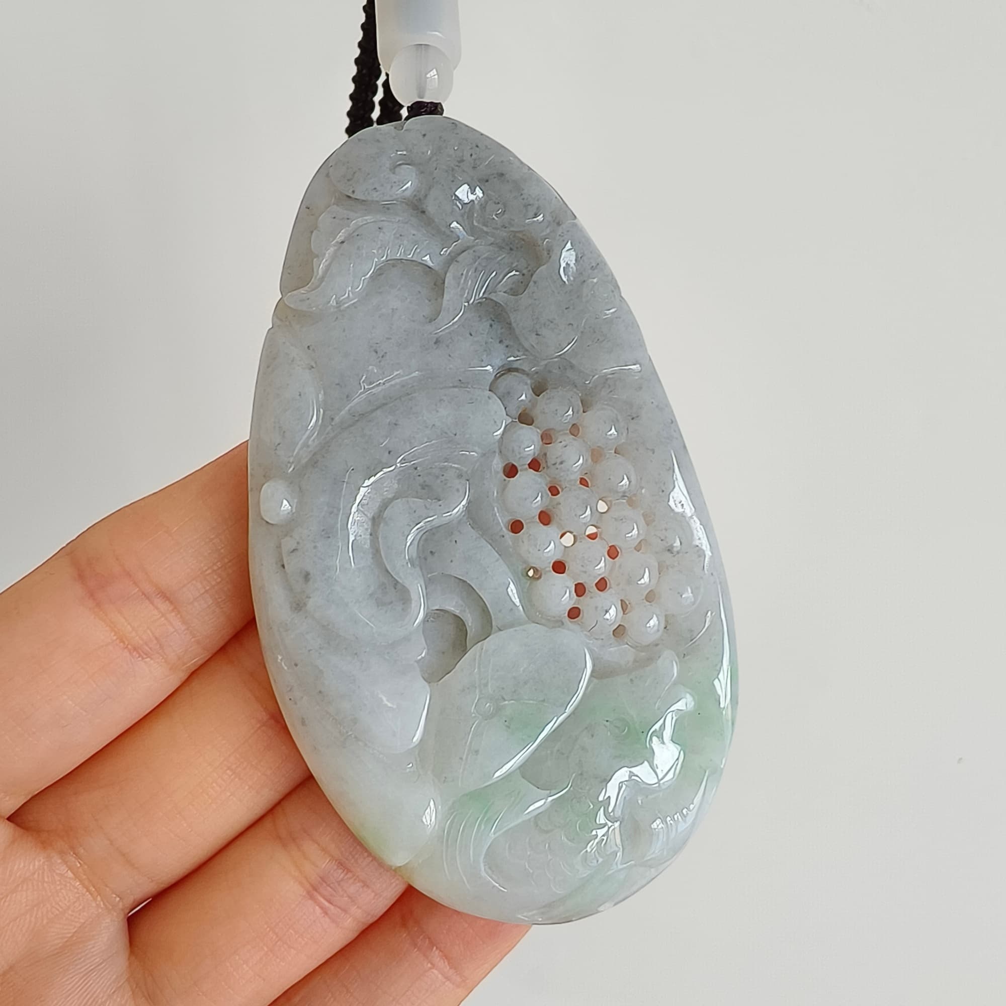 DDP 76mm Natural Certificated Type A Untreated Black Chicken Species Burmese Jadeite Oval Pendant With Grape Fish And Ruyi Carved