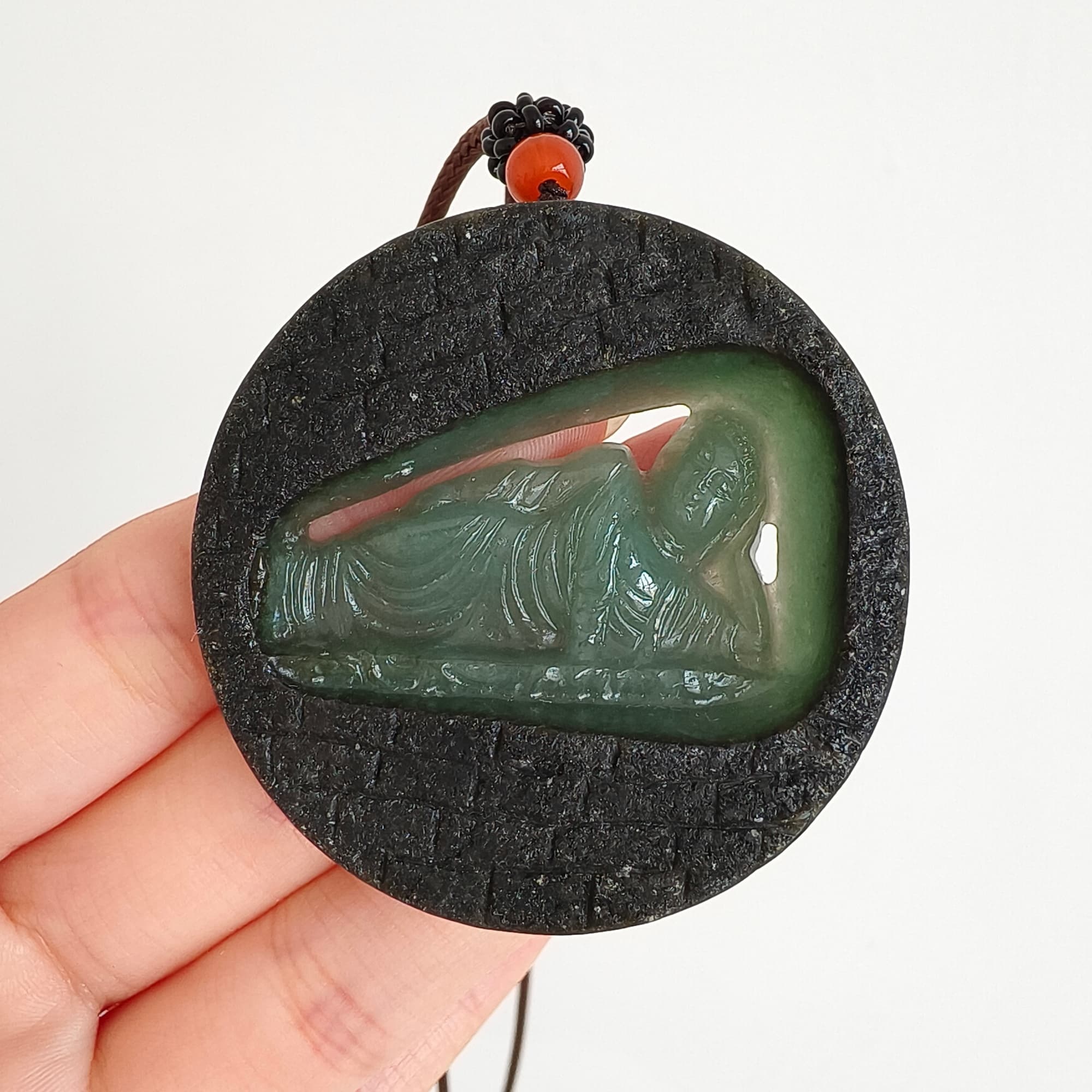 DDP 51.5mm Natural Type A Untreated Green Black Burmese Jadeite Round Pendant With Buddha Carved
