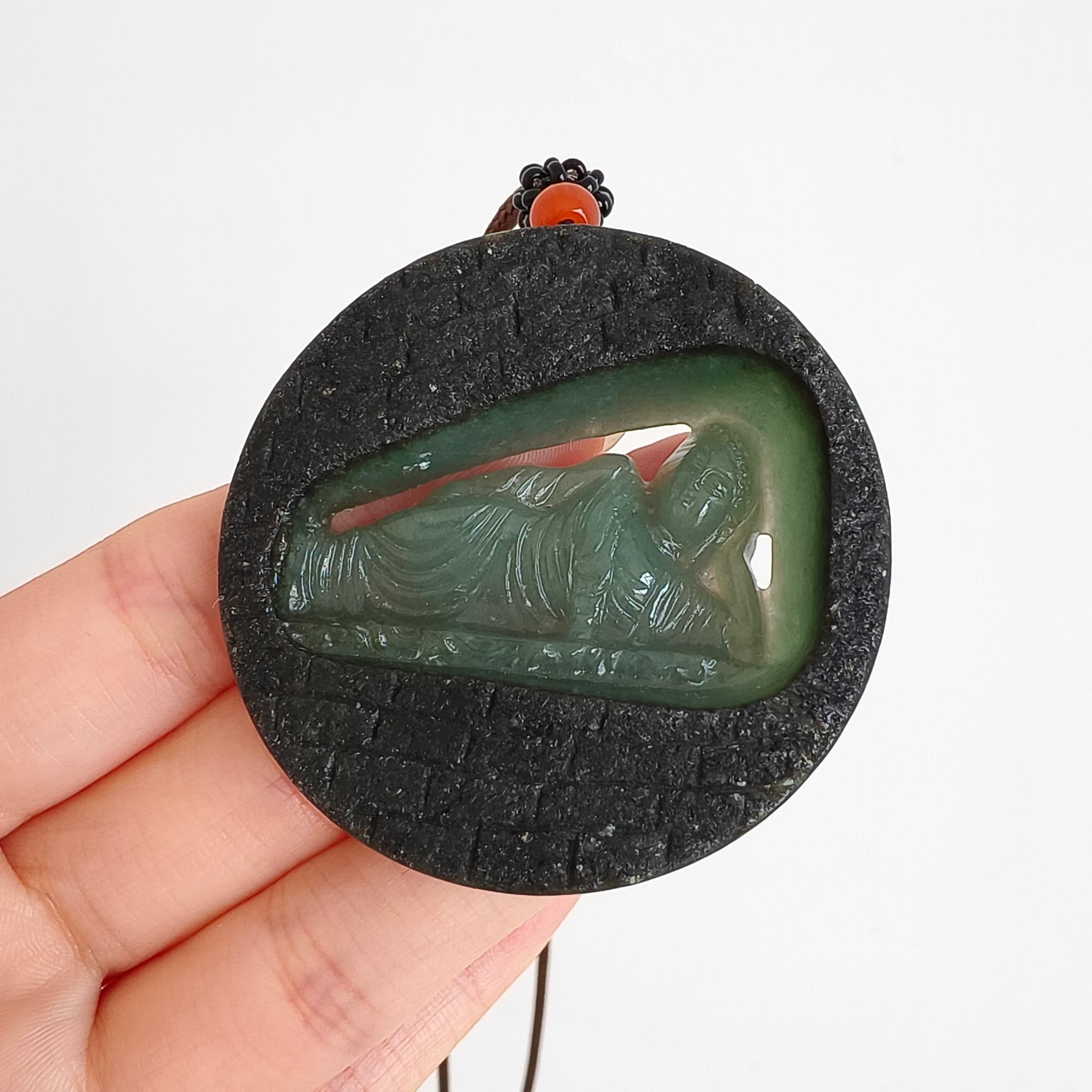 DDP 51.5mm Natural Type A Untreated Green Black Burmese Jadeite Round Pendant With Buddha Carved