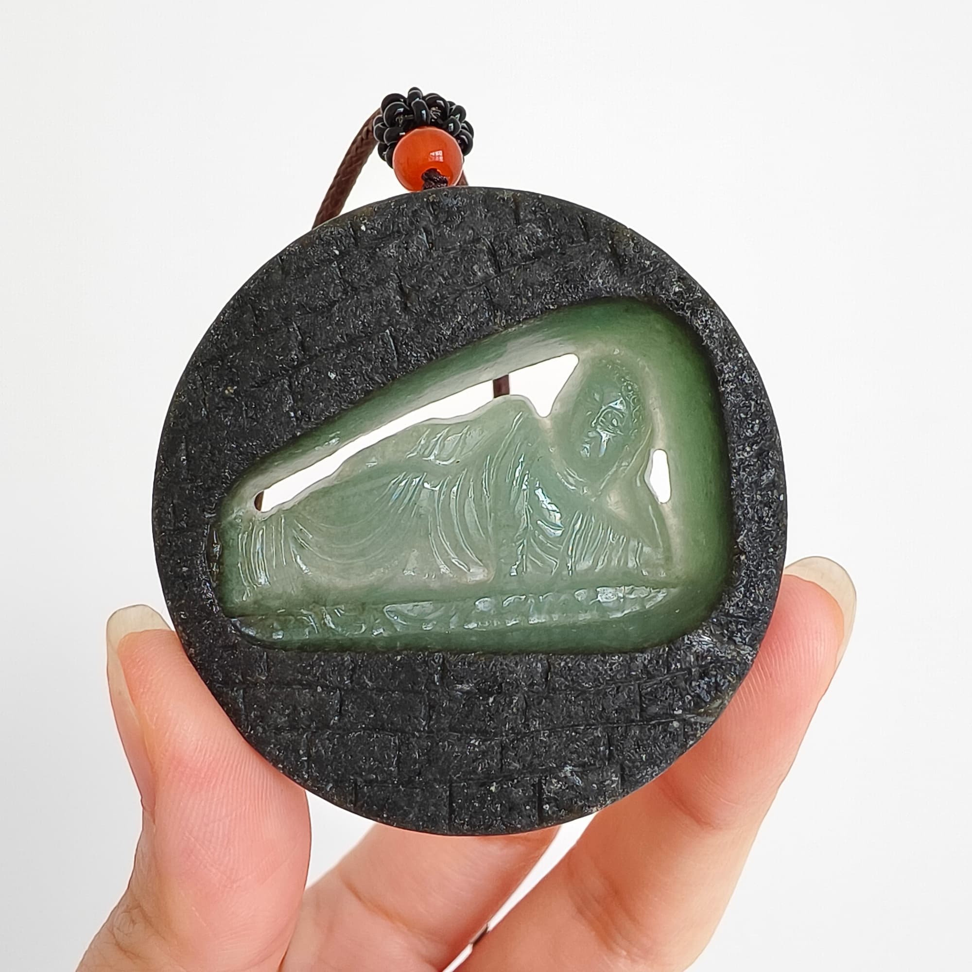 DDP 51.5mm Natural Type A Untreated Green Black Burmese Jadeite Round Pendant With Buddha Carved