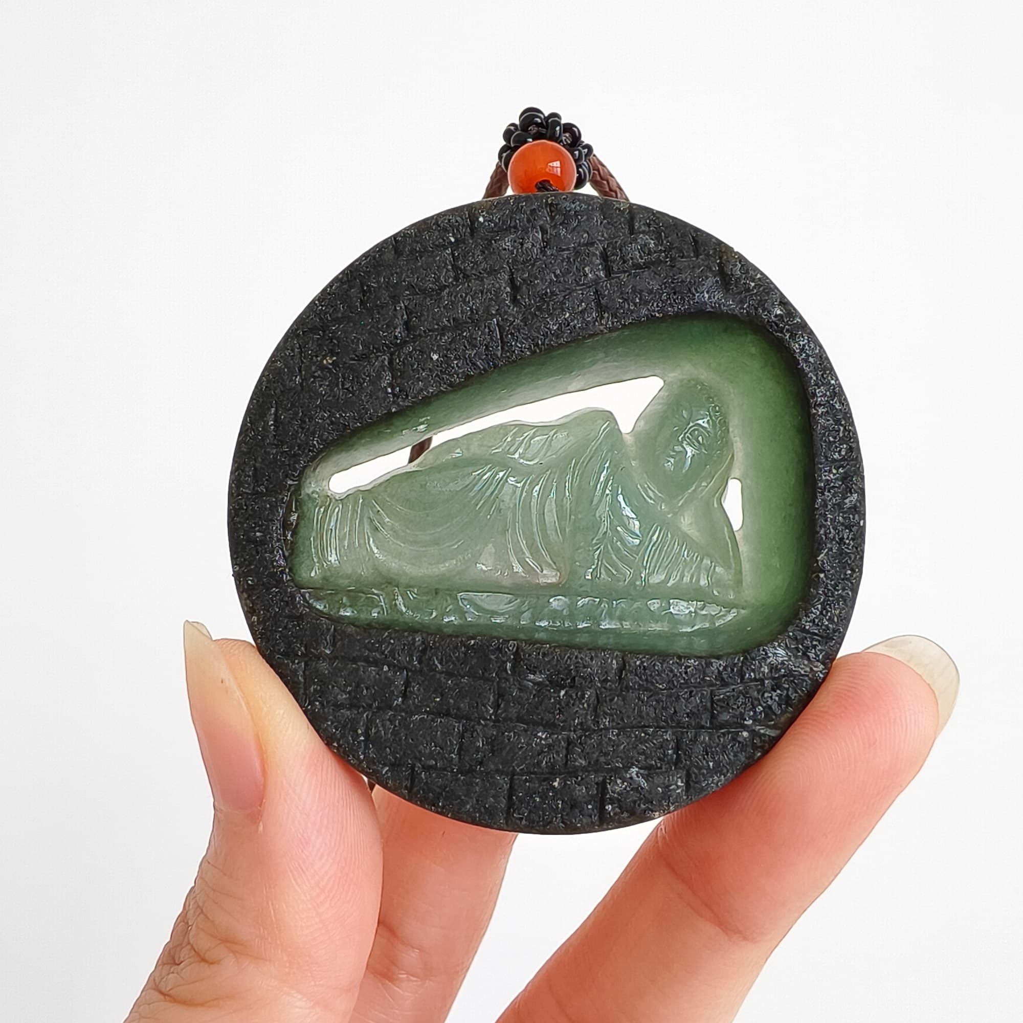 DDP 51.5mm Natural Type A Untreated Green Black Burmese Jadeite Round Pendant With Buddha Carved