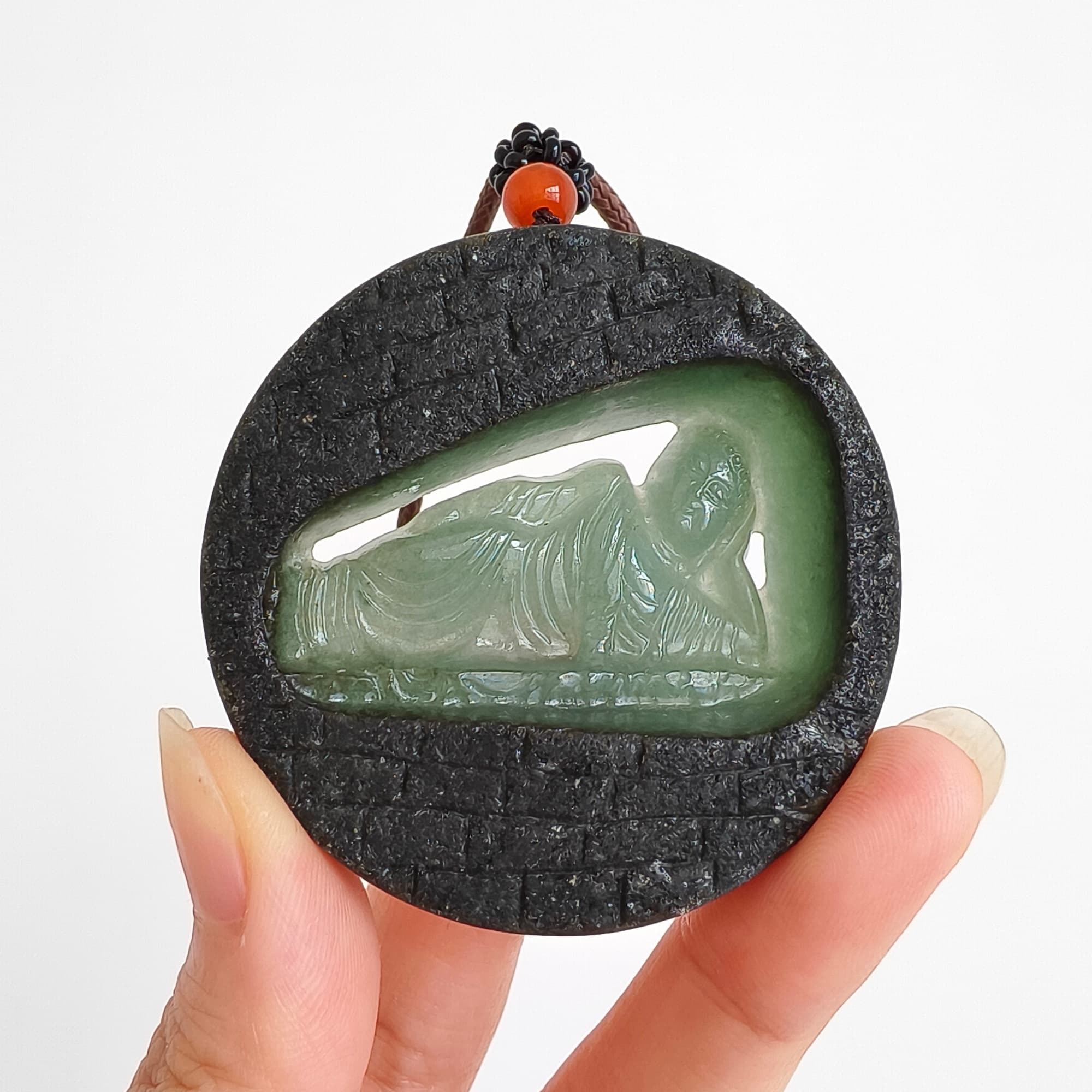 DDP 51.5mm Natural Type A Untreated Green Black Burmese Jadeite Round Pendant With Buddha Carved