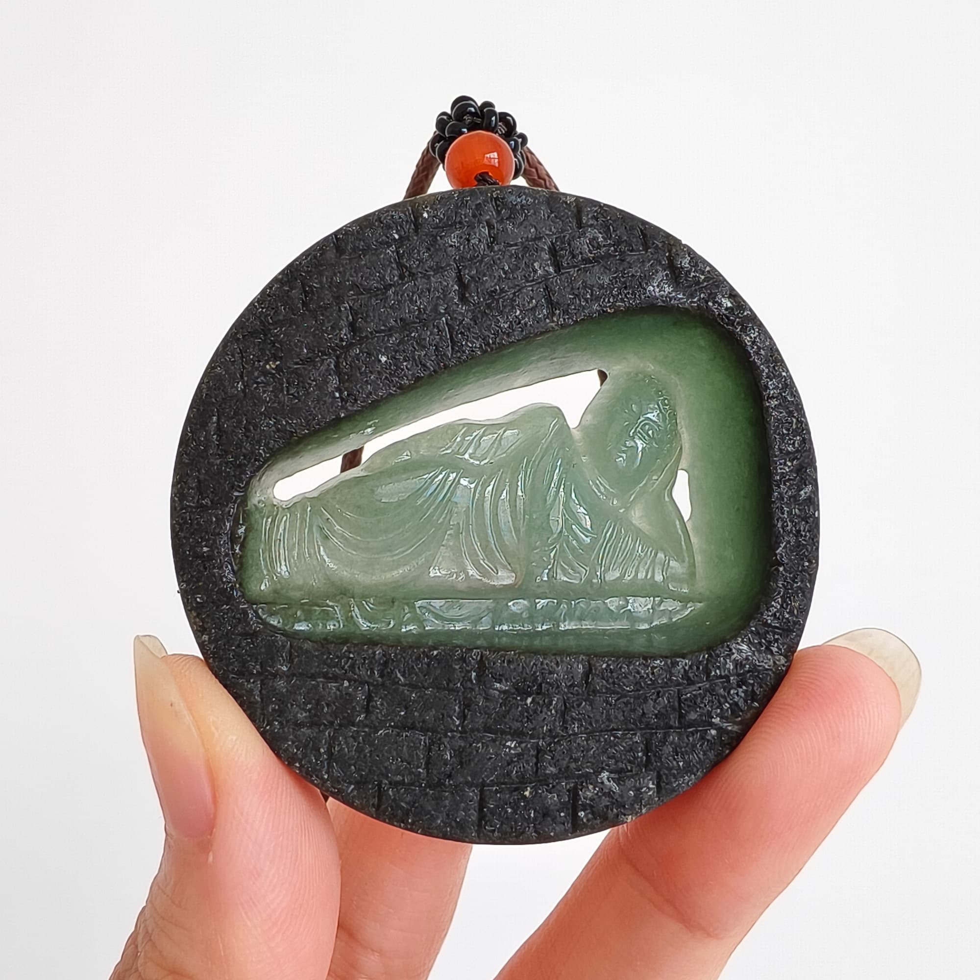 DDP 51.5mm Natural Type A Untreated Green Black Burmese Jadeite Round Pendant With Buddha Carved