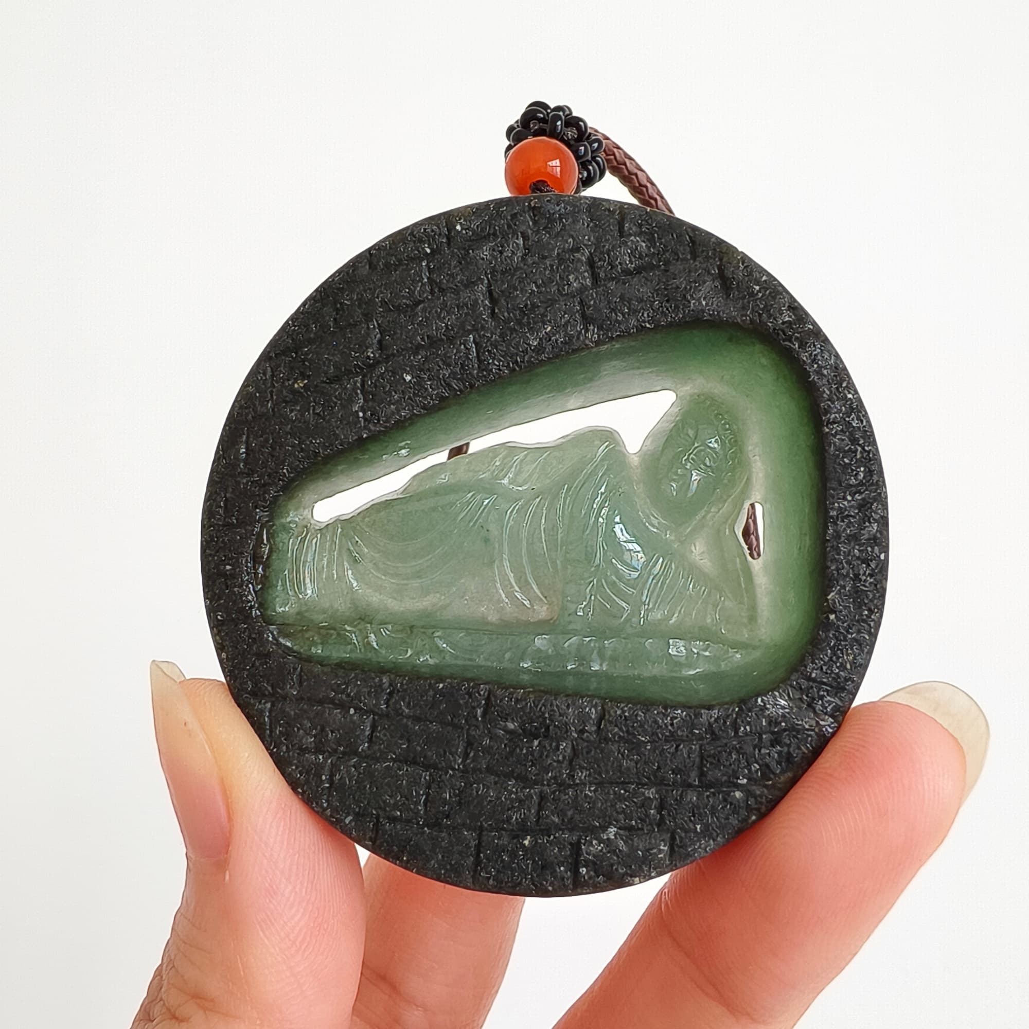 DDP 51.5mm Natural Type A Untreated Green Black Burmese Jadeite Round Pendant With Buddha Carved
