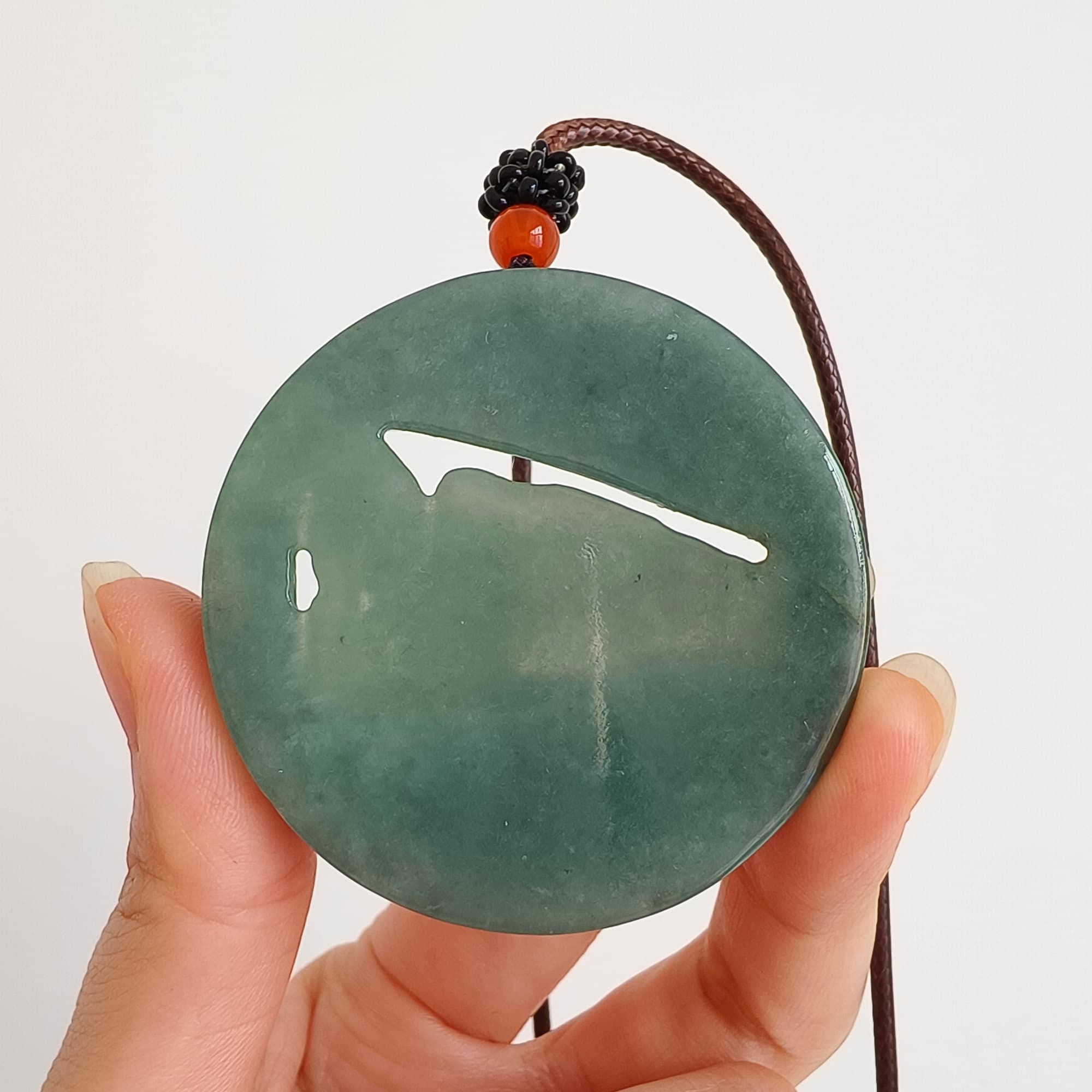 DDP 51.5mm Natural Type A Untreated Green Black Burmese Jadeite Round Pendant With Buddha Carved