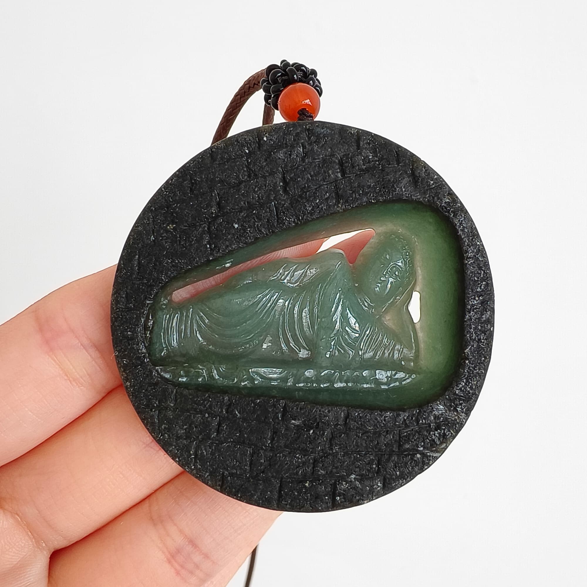 DDP 51.5mm Natural Type A Untreated Green Black Burmese Jadeite Round Pendant With Buddha Carved