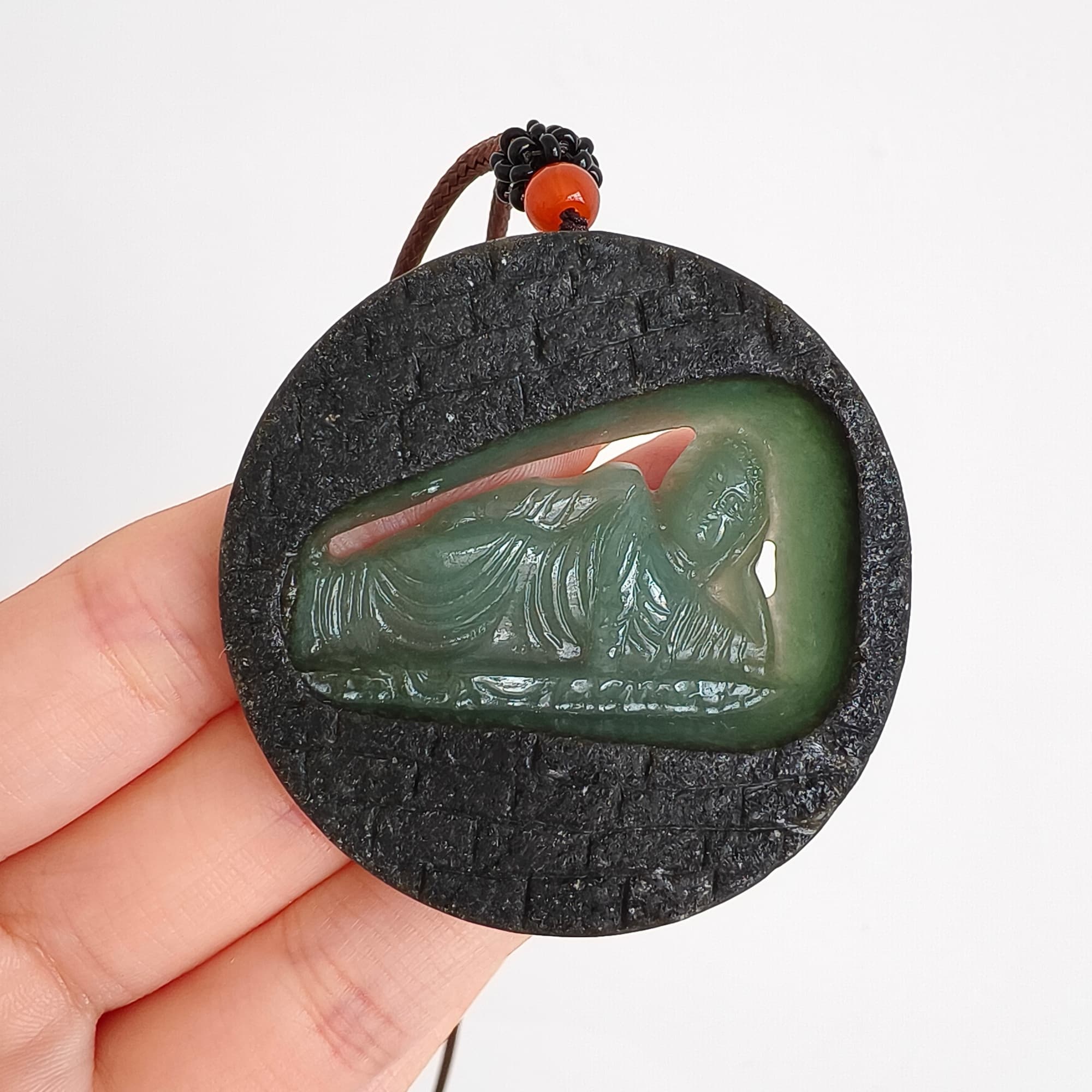 DDP 51.5mm Natural Type A Untreated Green Black Burmese Jadeite Round Pendant With Buddha Carved