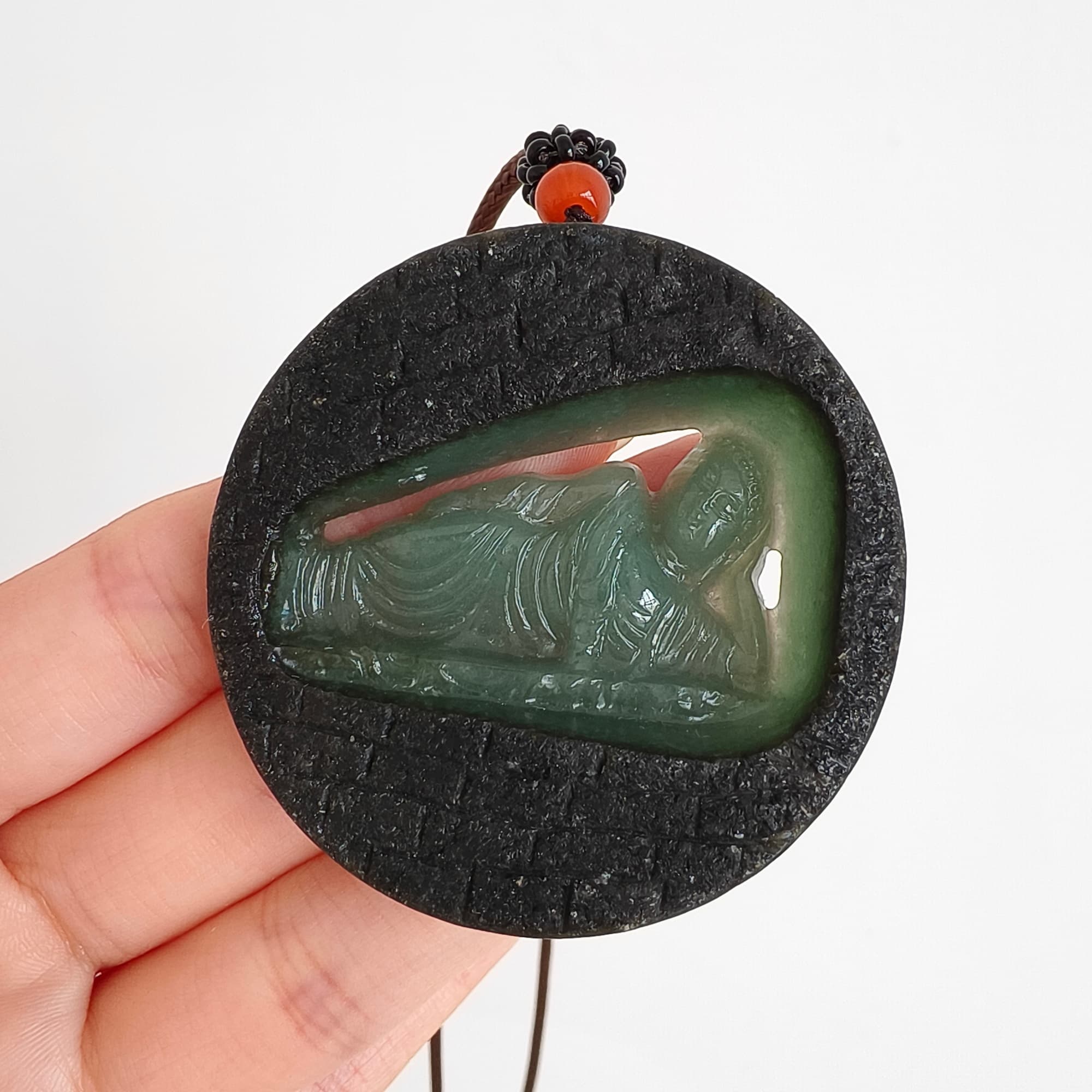 DDP 51.5mm Natural Type A Untreated Green Black Burmese Jadeite Round Pendant With Buddha Carved