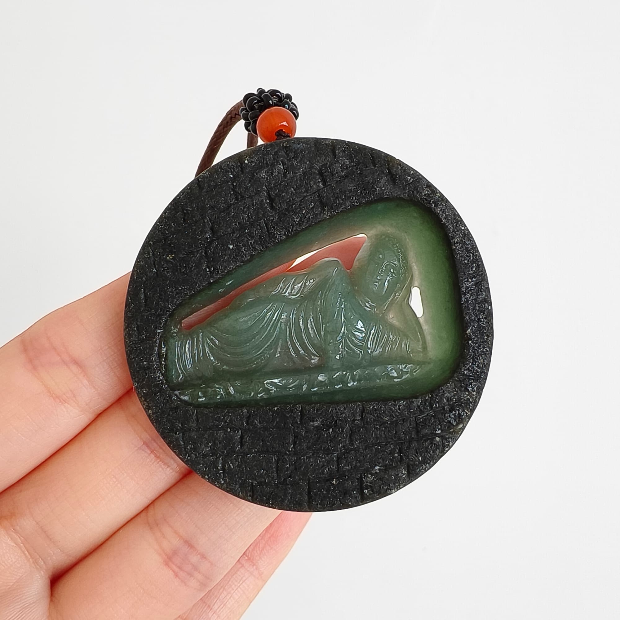 DDP 51.5mm Natural Type A Untreated Green Black Burmese Jadeite Round Pendant With Buddha Carved