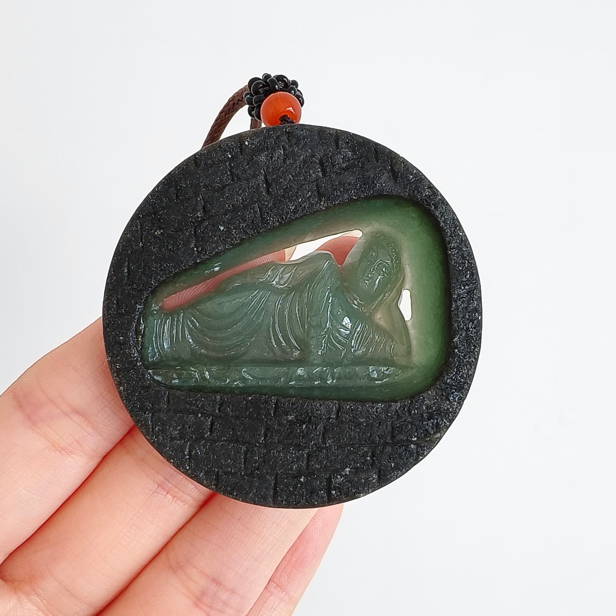 DDP 51.5mm Natural Type A Untreated Green Black Burmese Jadeite Round Pendant With Buddha Carved