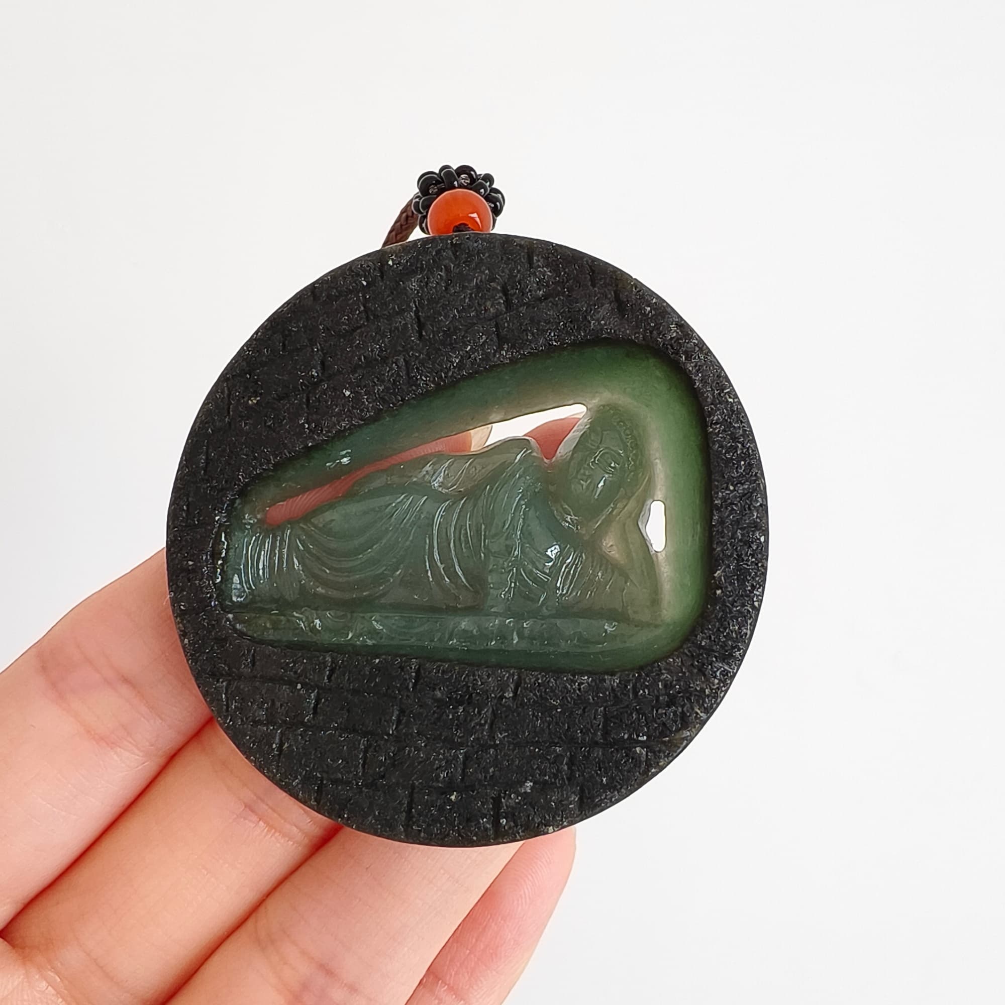 DDP 51.5mm Natural Type A Untreated Green Black Burmese Jadeite Round Pendant With Buddha Carved