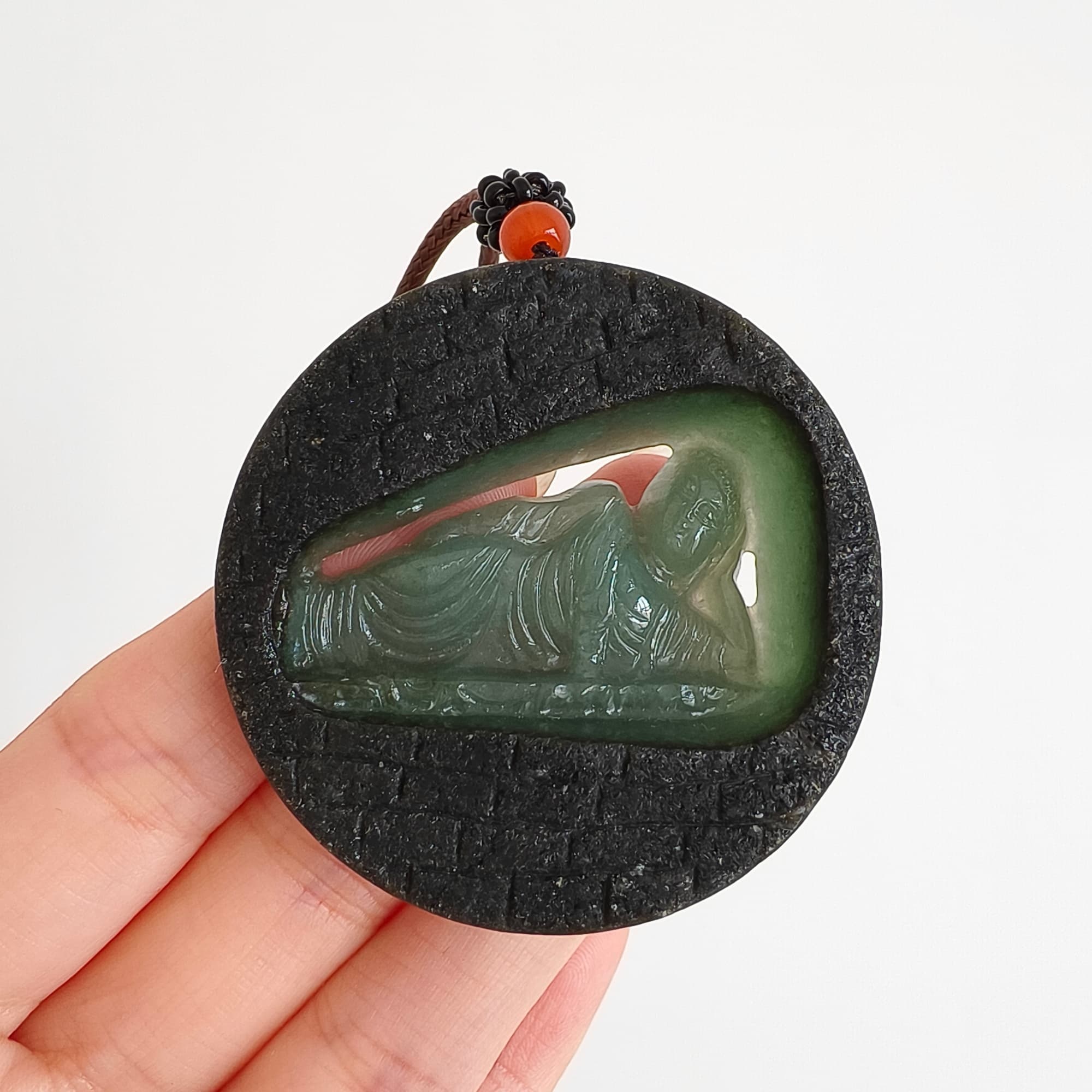 DDP 51.5mm Natural Type A Untreated Green Black Burmese Jadeite Round Pendant With Buddha Carved