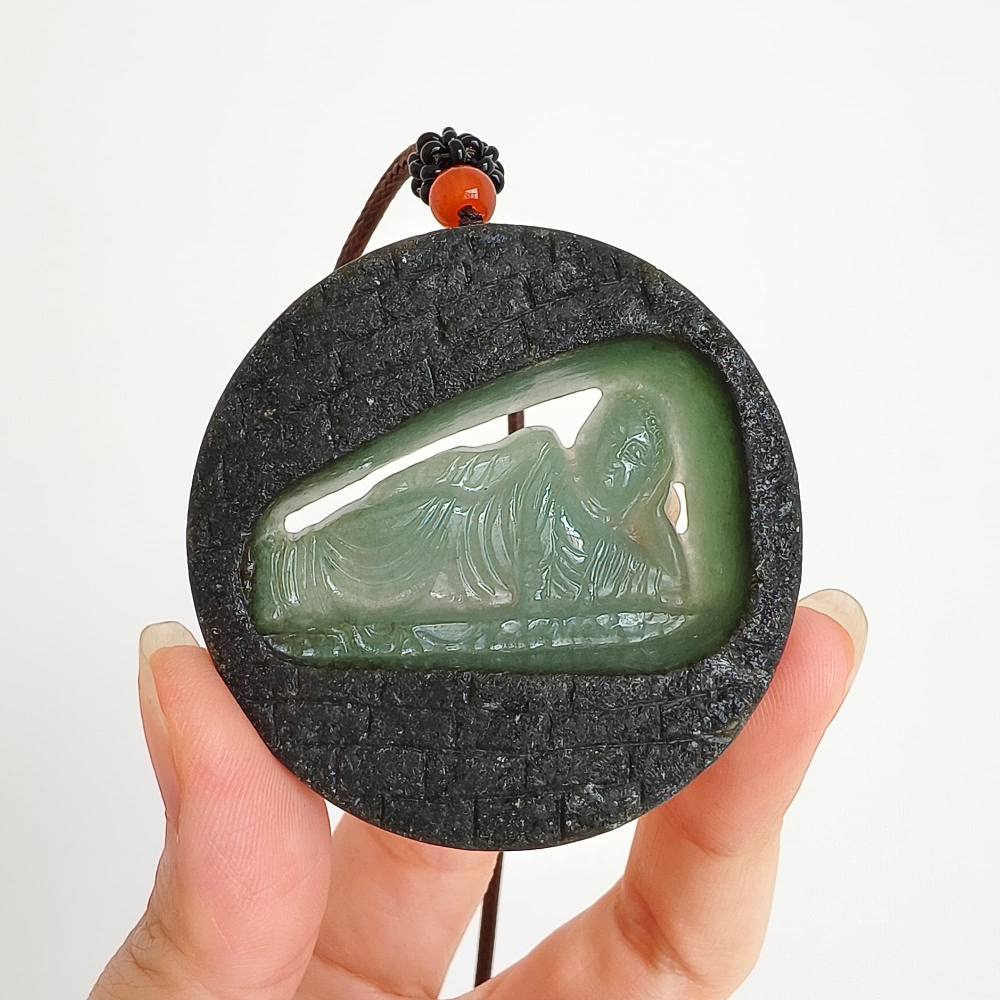 DDP 51.5mm Natural Type A Untreated Green Black Burmese Jadeite Round Pendant With Buddha Carved