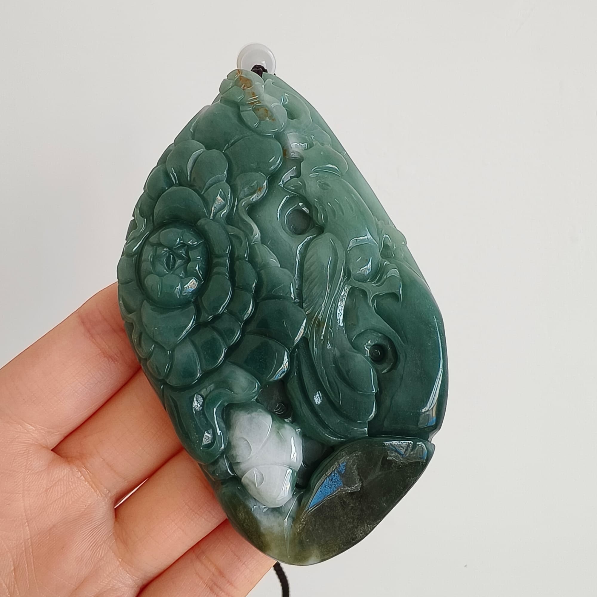 DDP 91mm Natural Type A Untreated Green White Burmese Jadeite Diamond Pendant With Phoenix and Peony Carved